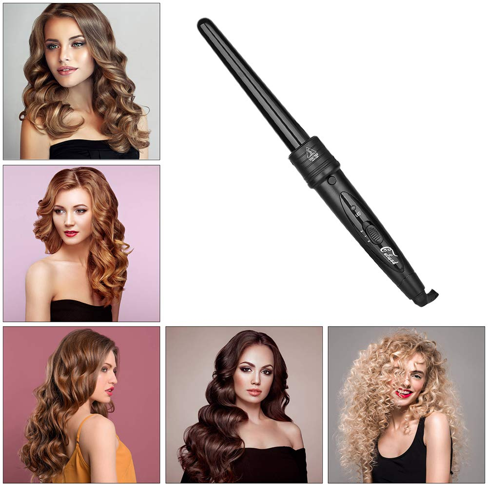 Ein Lockenstab mit verschiedenen Frisuren drumherum. Alle Frauen haben welliges und gelocktes Haar.