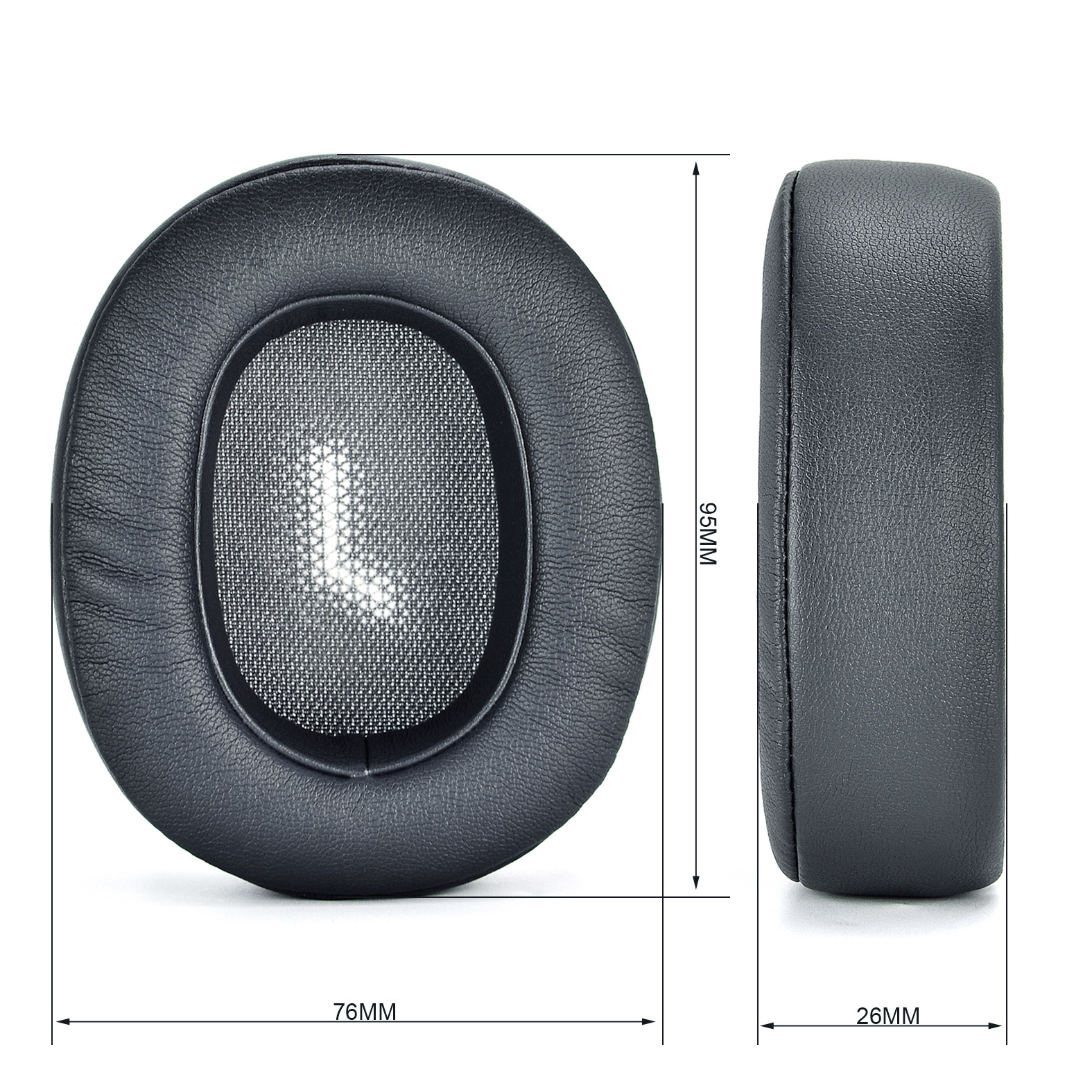 Cuscinetti auricolari per cuffie neri con dimensioni 76 mm x 95 mm x 26 mm.