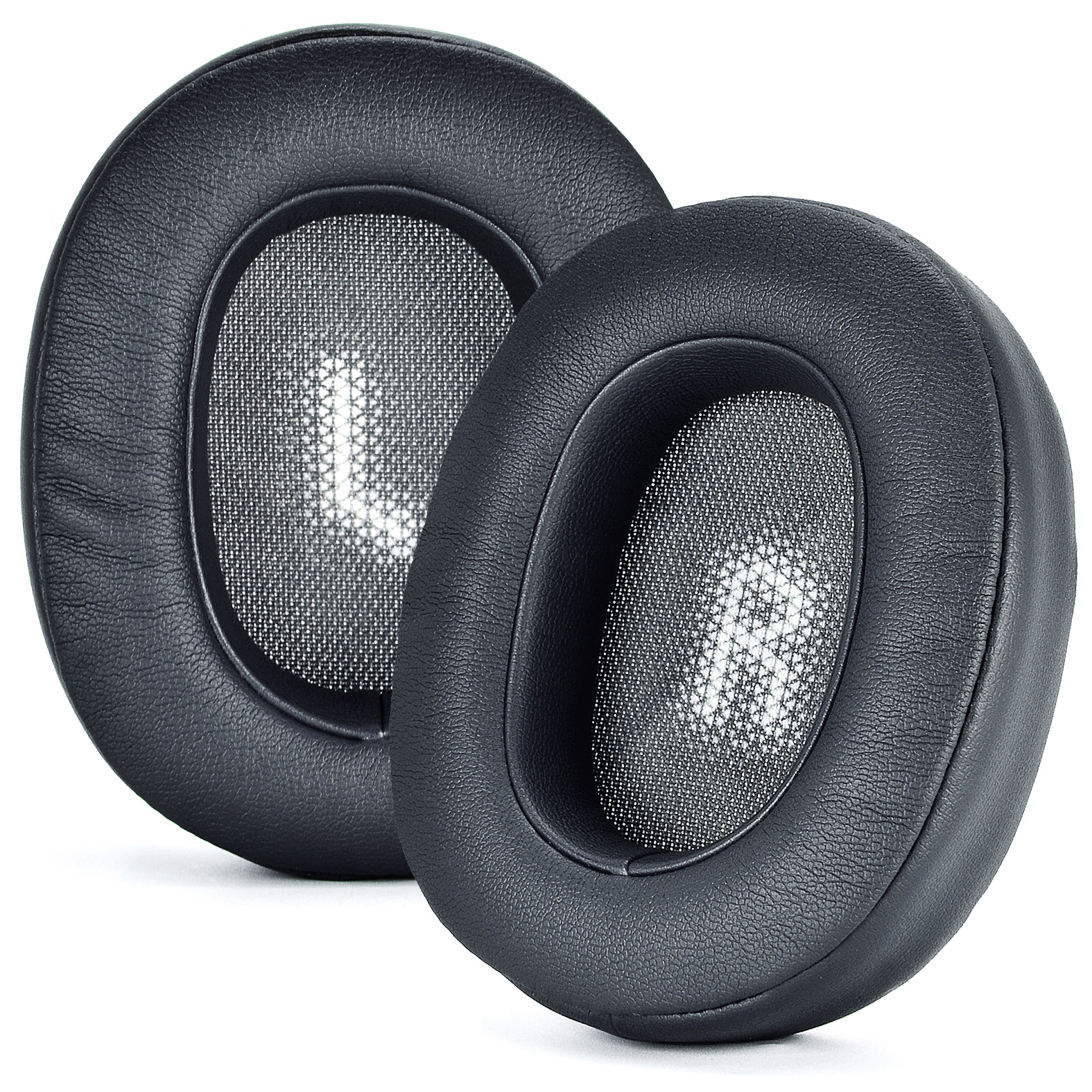 Due cuscinetti auricolari neri per cuffie, con marcature L e R all'interno.