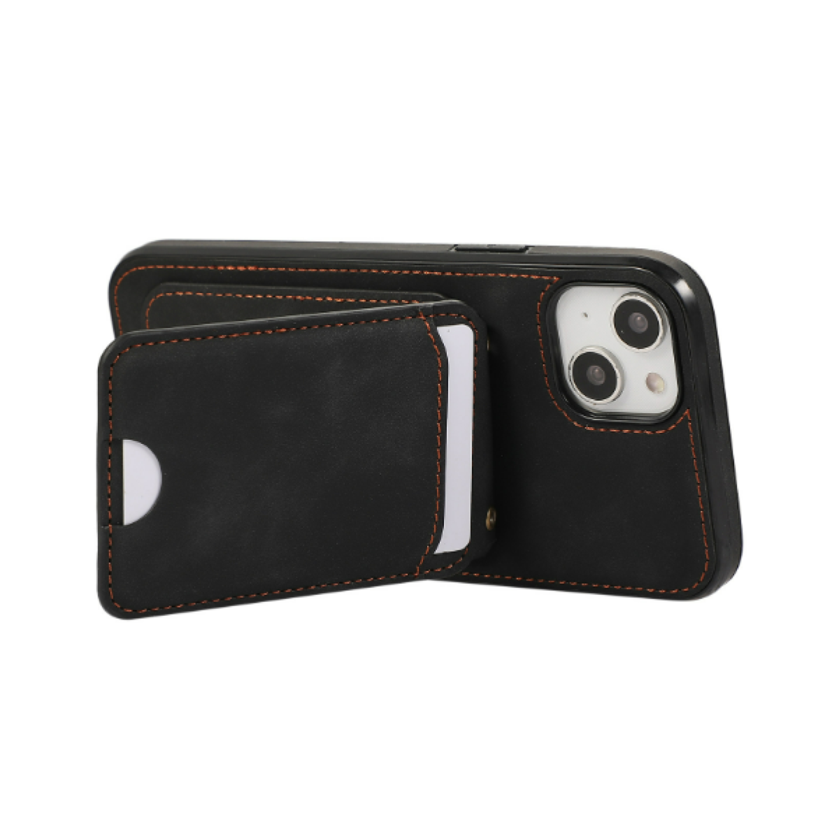 Custodia nera per telefono con porta carte, cuciture arancioni. Sfondo bianco.