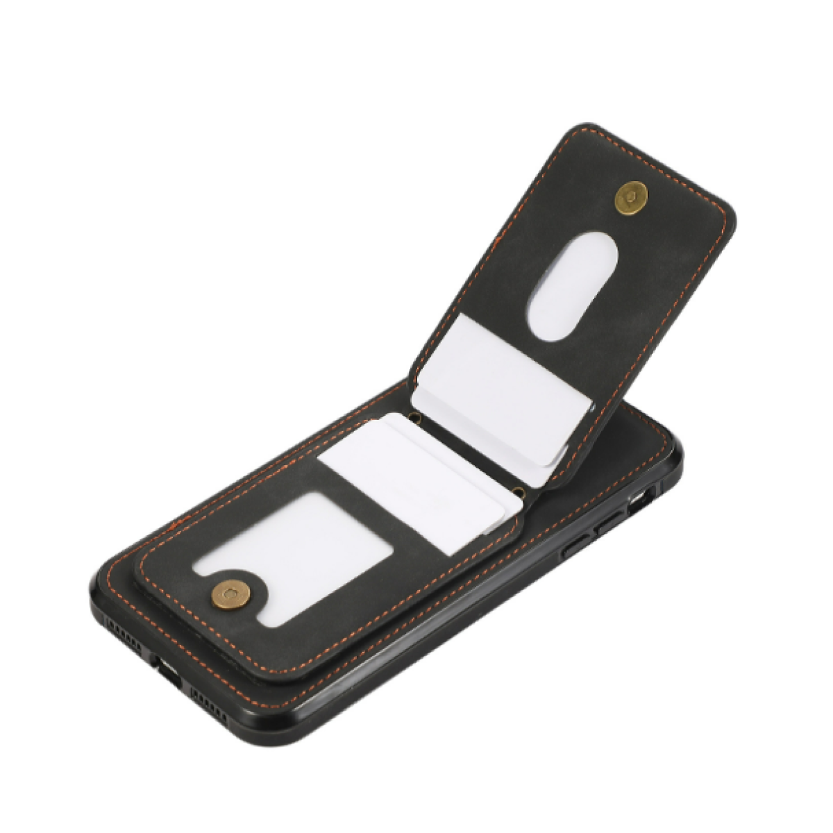 Custodia nera per telefono con slot per carte, aperta. Materiale simile alla pelle, sfondo bianco.