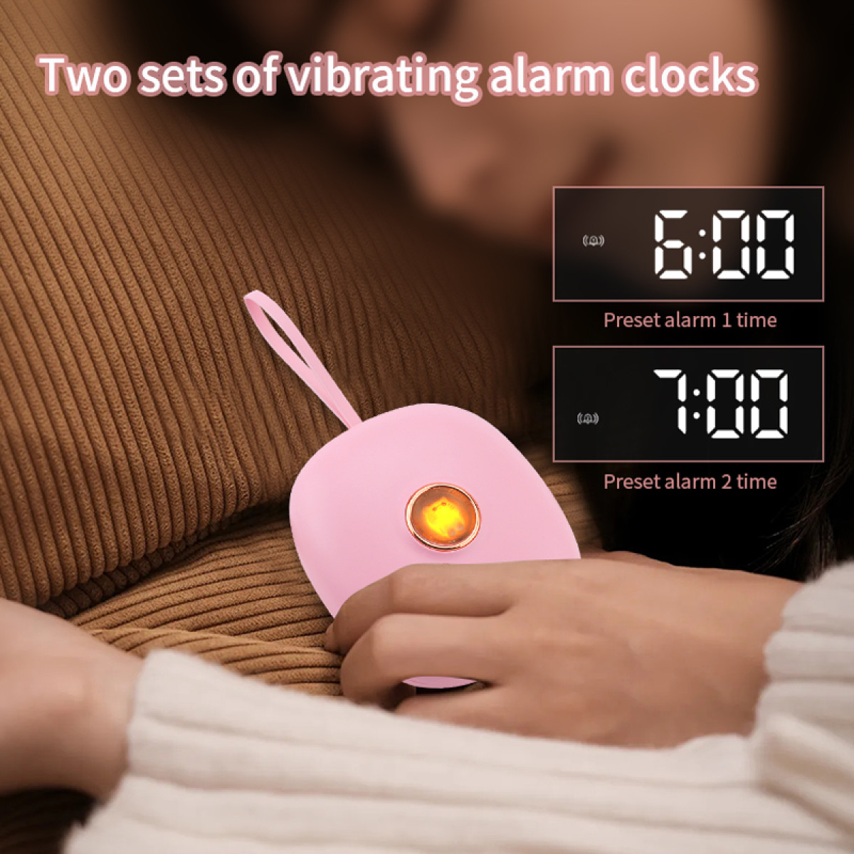 Roze trilwekker met twee displays die 6:00 en 7:00 tonen, op een bed.