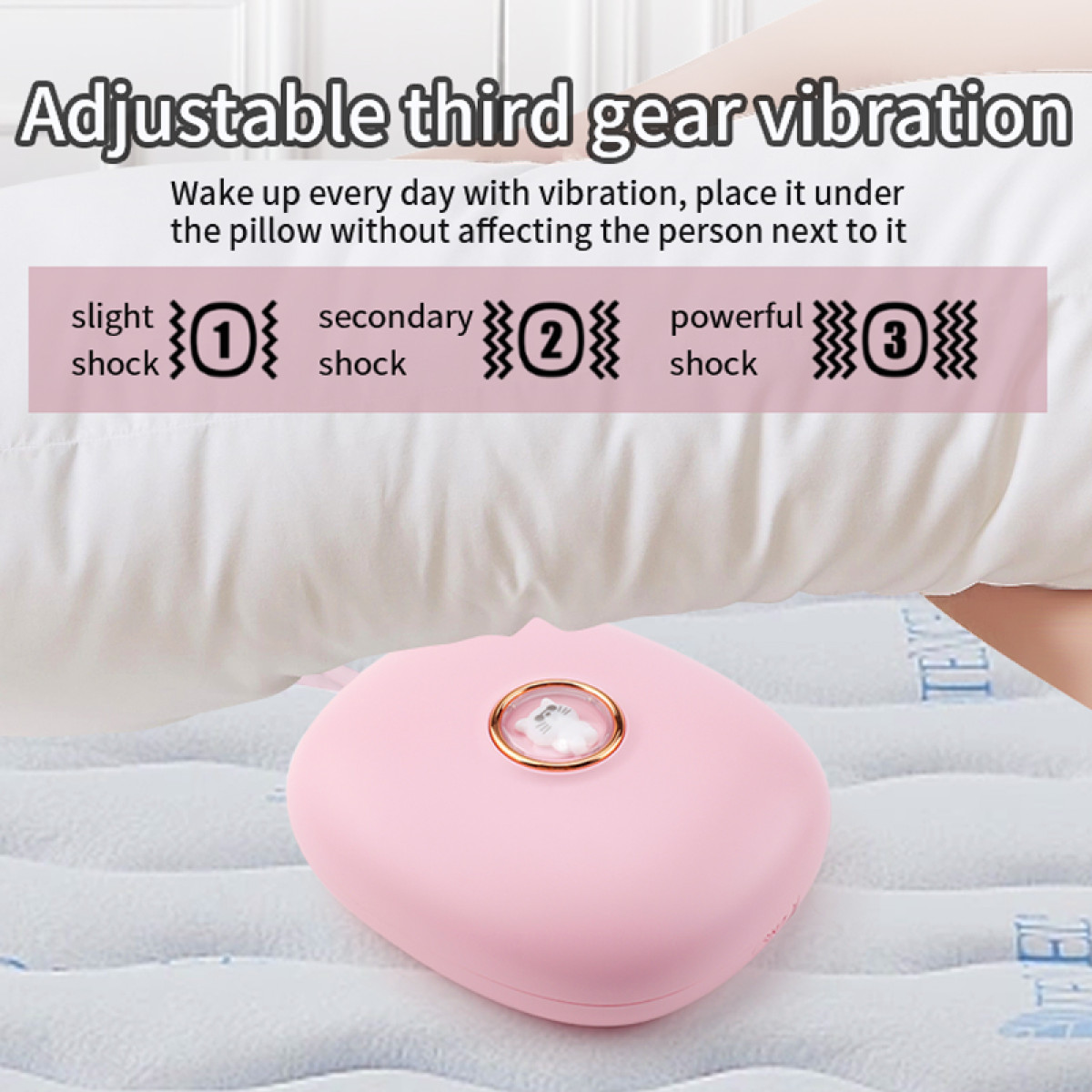 Roze trilapparaat op bed. Tekst: Instelbare vibratie in drie standen. Niveaus: licht, secundair, krachtig.