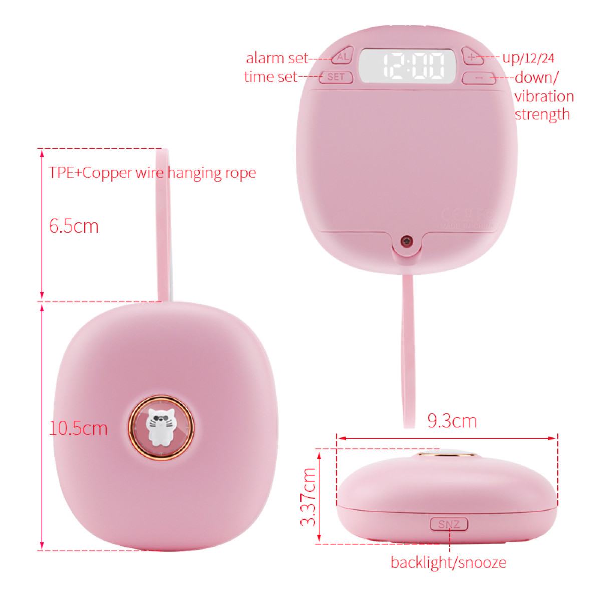 Roze wekker. Kenmerken: tijdweergave, alarm instellen, snooze en vibratie-instellingen.