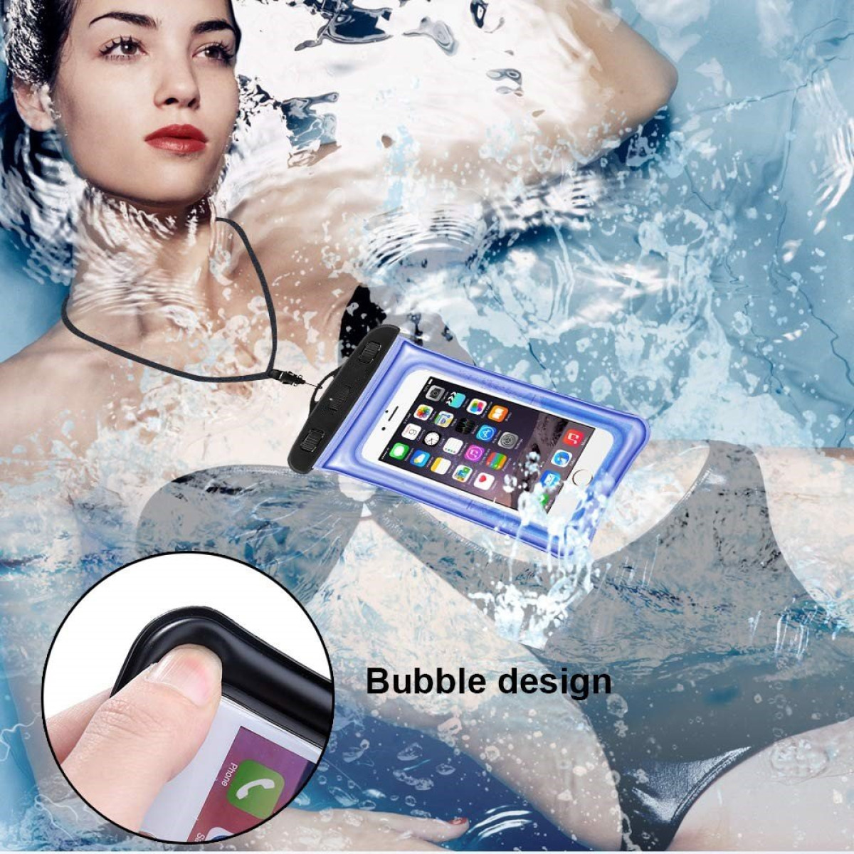 Frau im Wasser, hält Telefon in wasserdichter Hülle. Telefon zeigt Icons. Text 'Bubble design'.