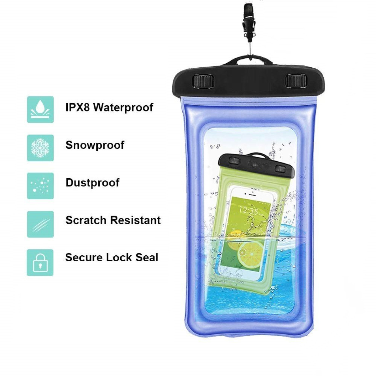 Wasserdichte Handyhülle mit Telefon darin. Symbole für wasserdicht, schneefest, staubdicht und kratzfest.