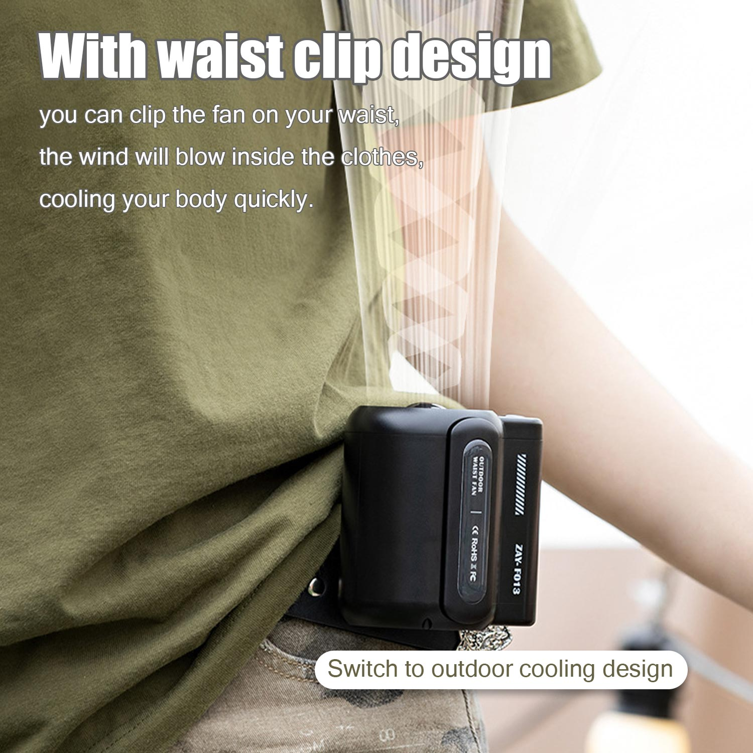 Persoon met shirt met een draagbare tailleventilator. Tekst: Taille clip ontwerp.