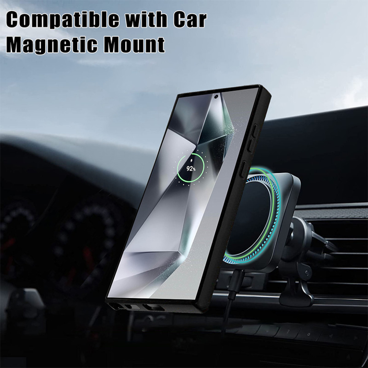 Telefono in un supporto per auto, che mostra un'icona di ricarica.