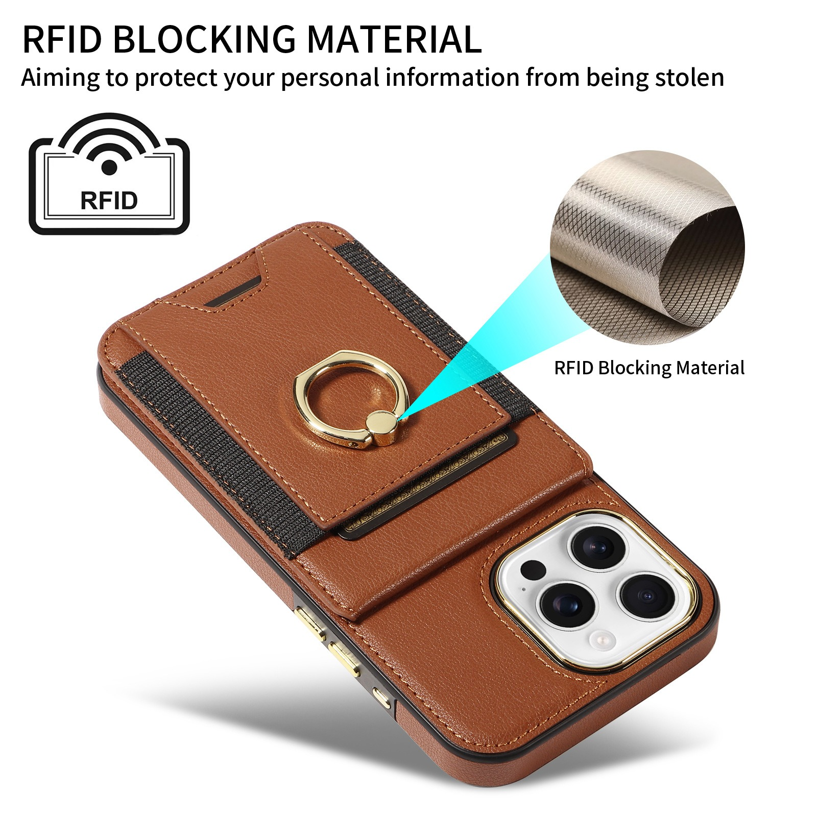 Braune Handyhülle mit goldenem Ring. Mit Kartenfach und RFID-Blockiermaterial.