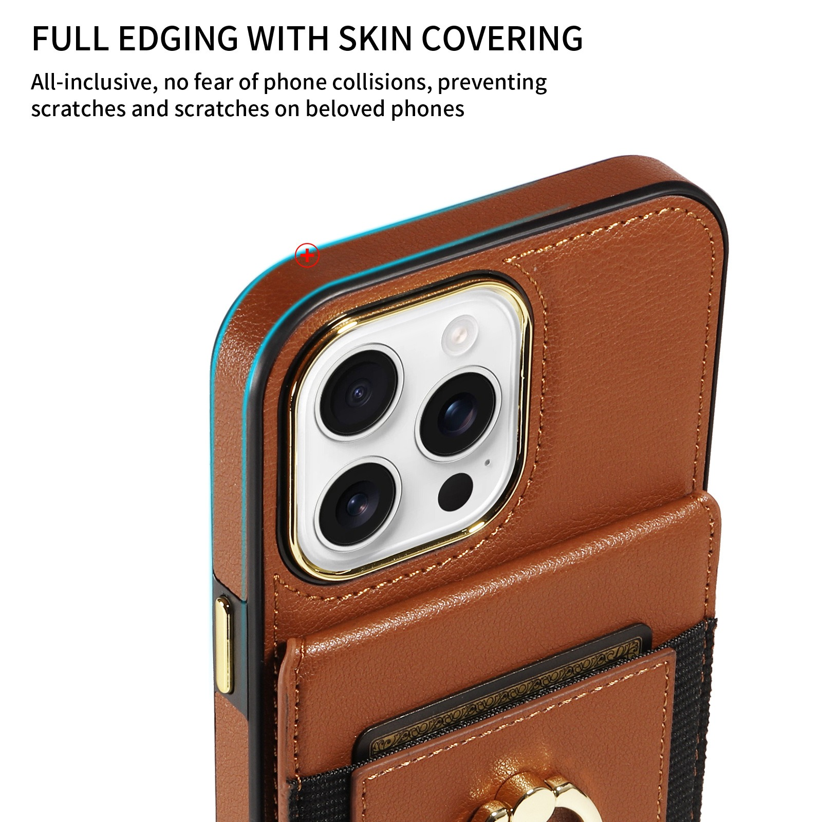 Nahaufnahme einer braunen Handyhülle mit einem Handy. Verfügt über einen Kartenhalter und einen Ringgriff.