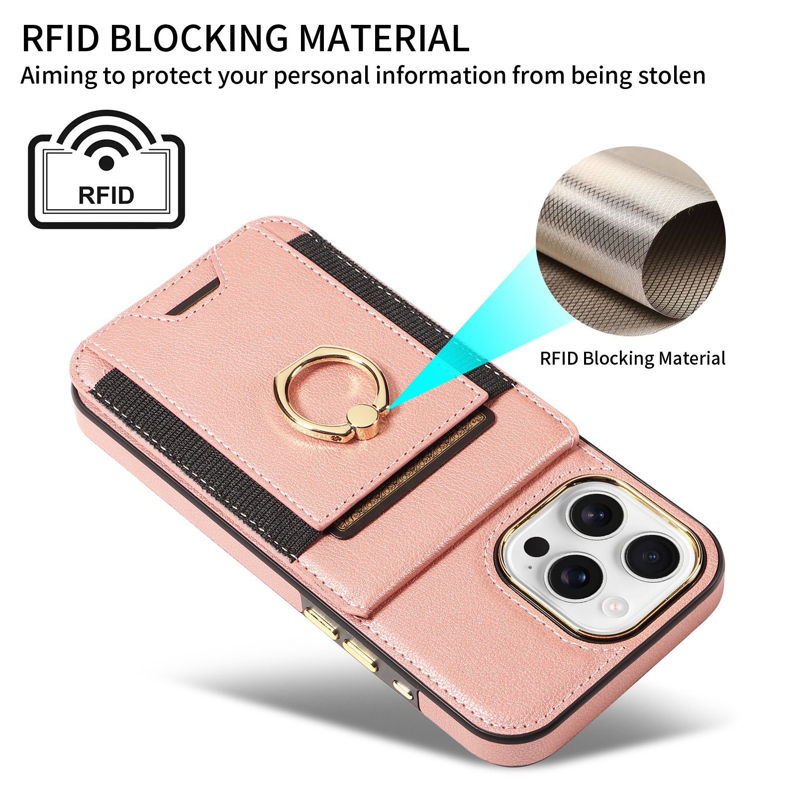Rosa Handyhülle mit Kartenhalter und Ring. Text: RFID-blockierendes Material.