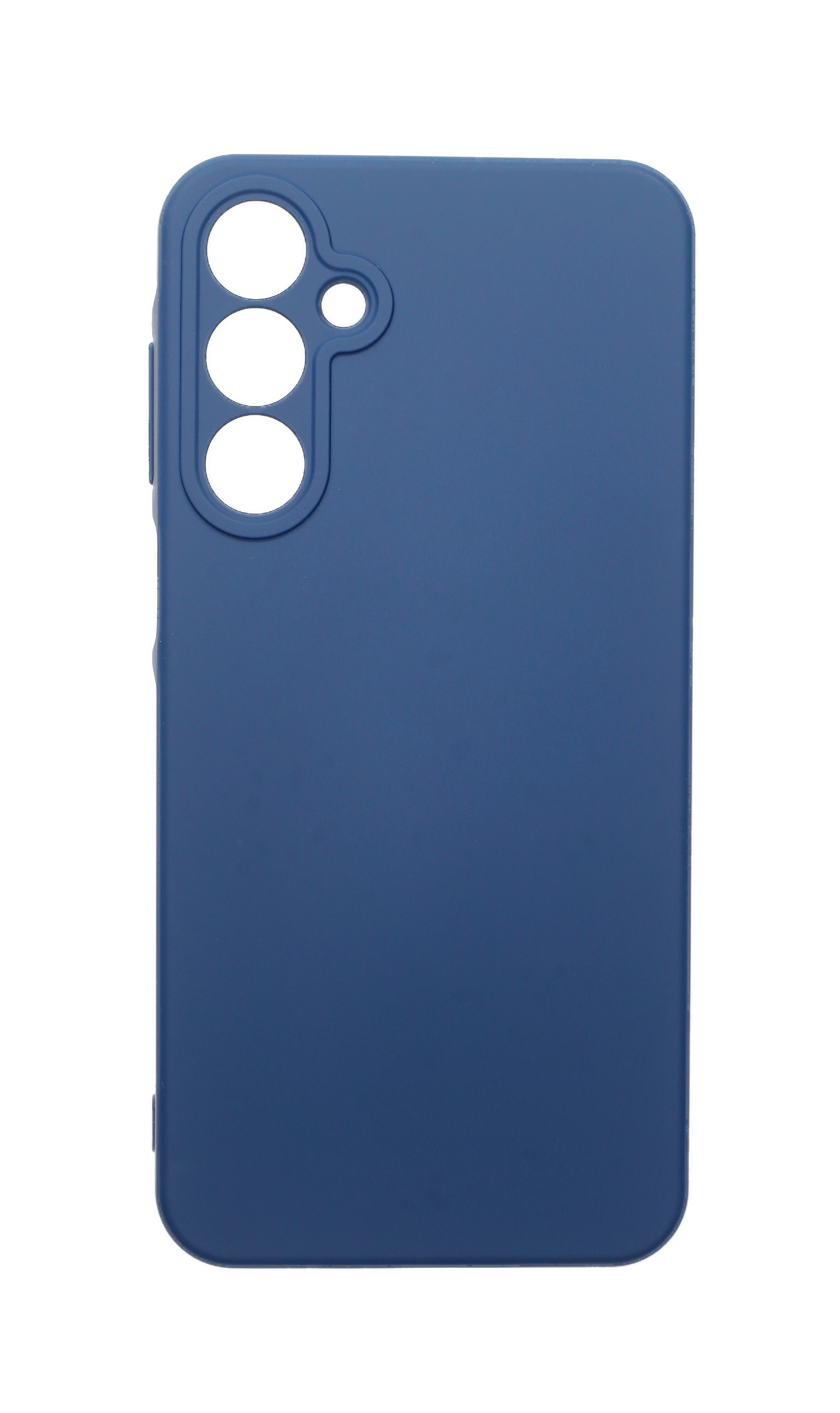 Blaue Handyhülle. Sie hat drei Kameraausschnitte und einen Power-Button-Ausschnitt.