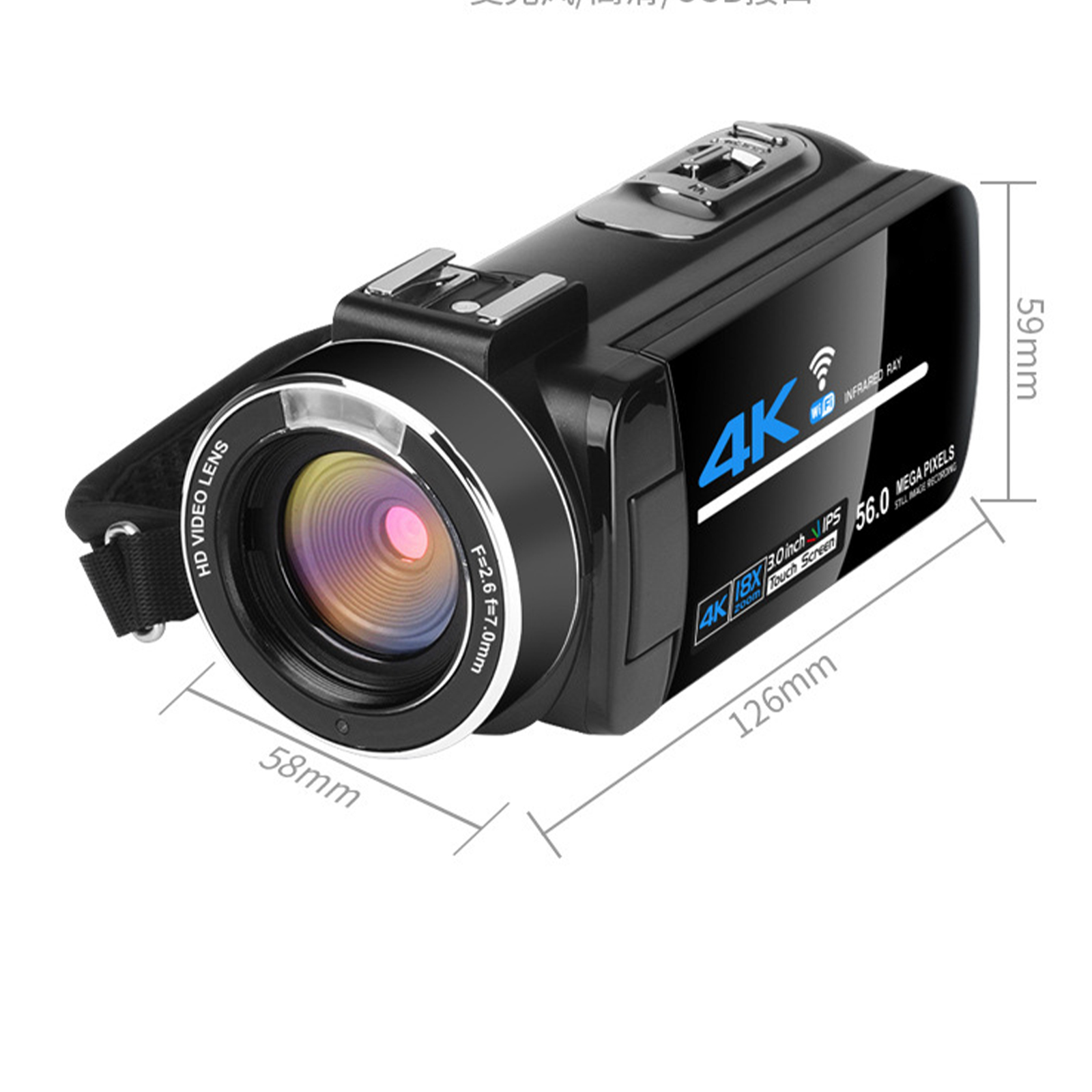 Schwarze Videokamera mit Objektiv und Abmessungen. Sie verfügt über 4K, 56,0 Megapixel und einen Touchscreen.