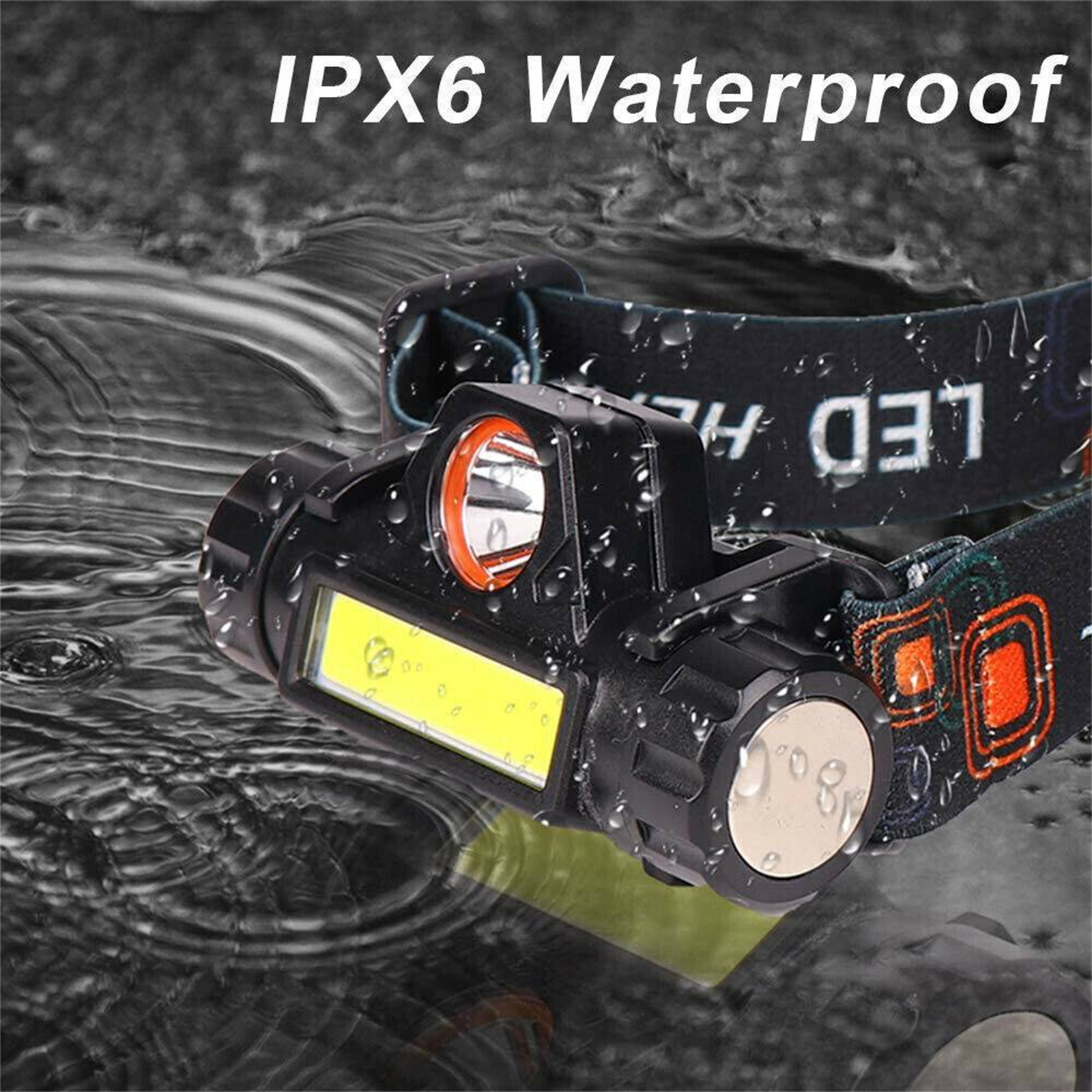 Stirnlampe mit IPX6-Wasserdichtigkeitsbewertung, gezeigt mit Wassertropfen.