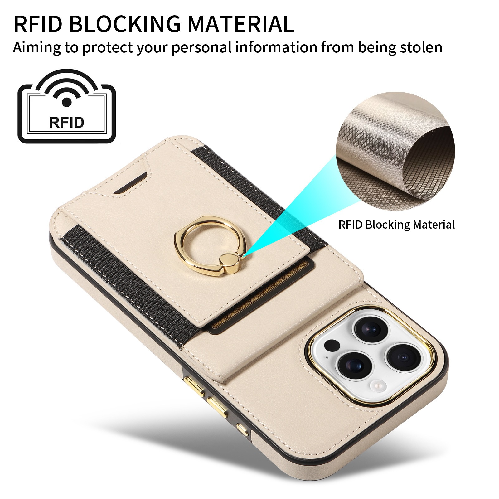 Eine beige Handyhülle mit goldenem Ring und einem RFID-Blockierungsmaterial-Etikett.