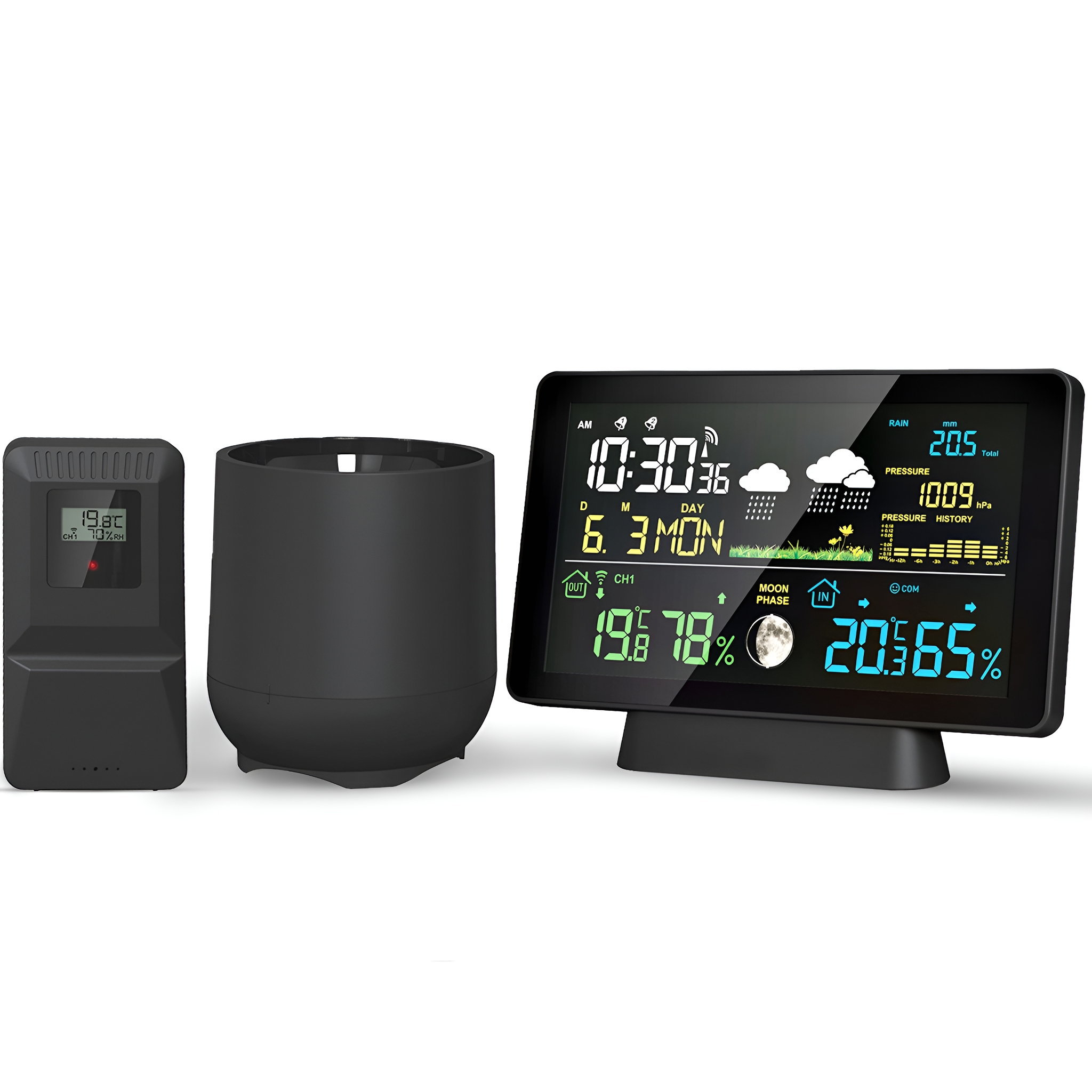 Eine schwarze Wetterstation mit Display und Sensor.