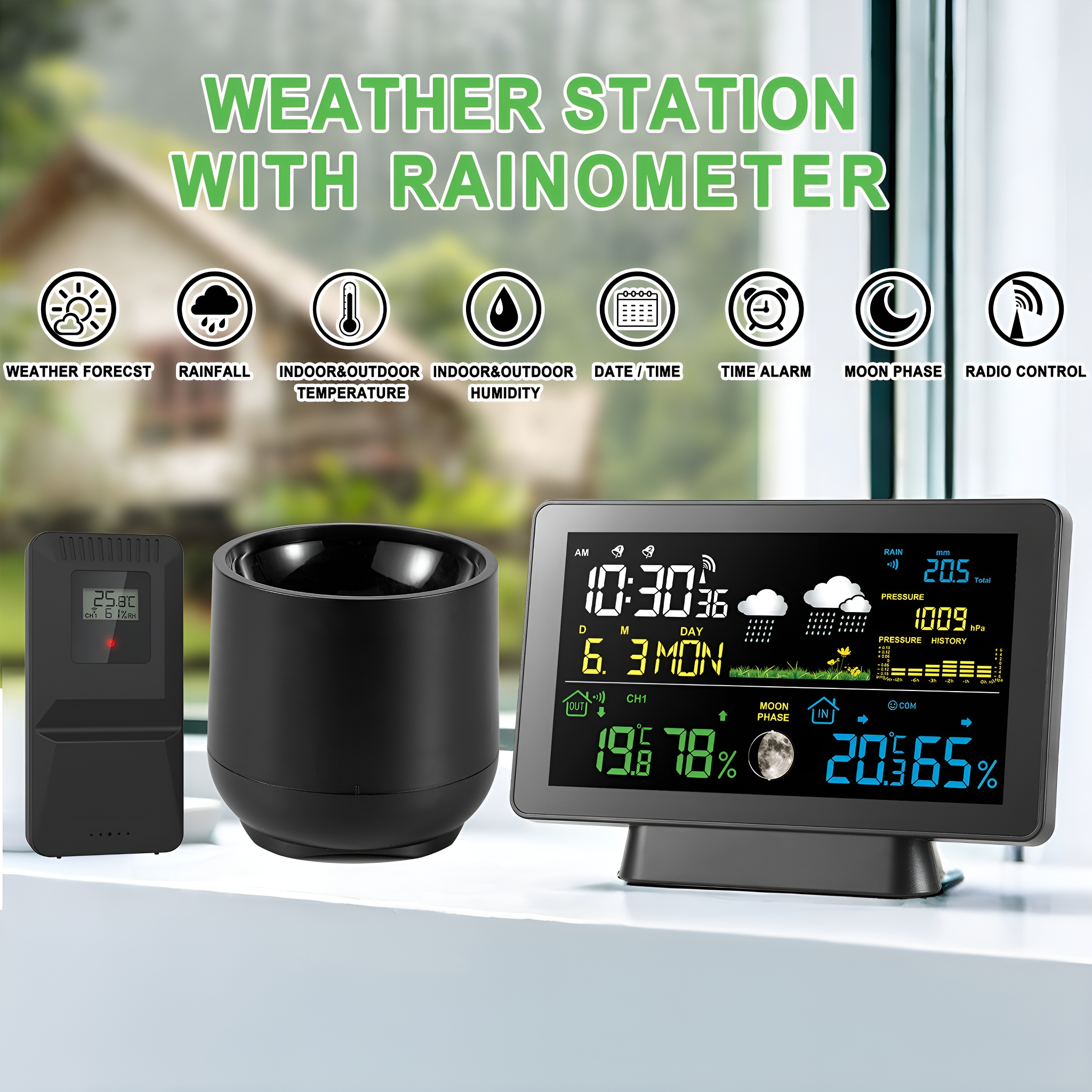Wetterstation mit Symbolen und Anzeigen; Regenmesser ist sichtbar.