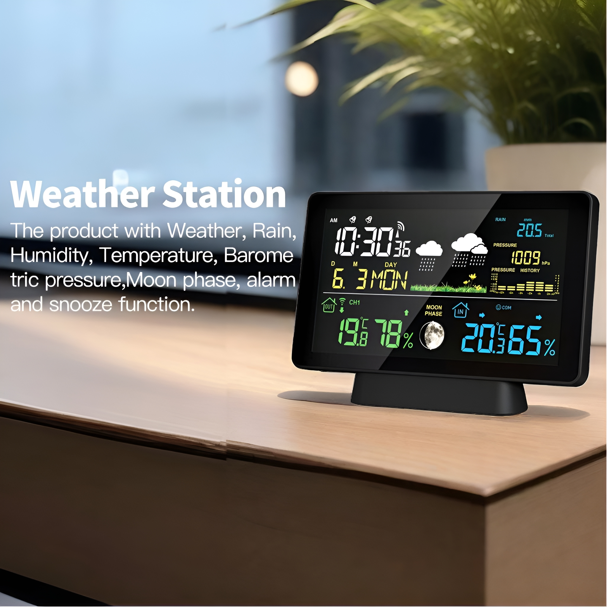 Wetterstation mit Digitalanzeige, die Wetterdetails anzeigt, auf einem Holztisch.
