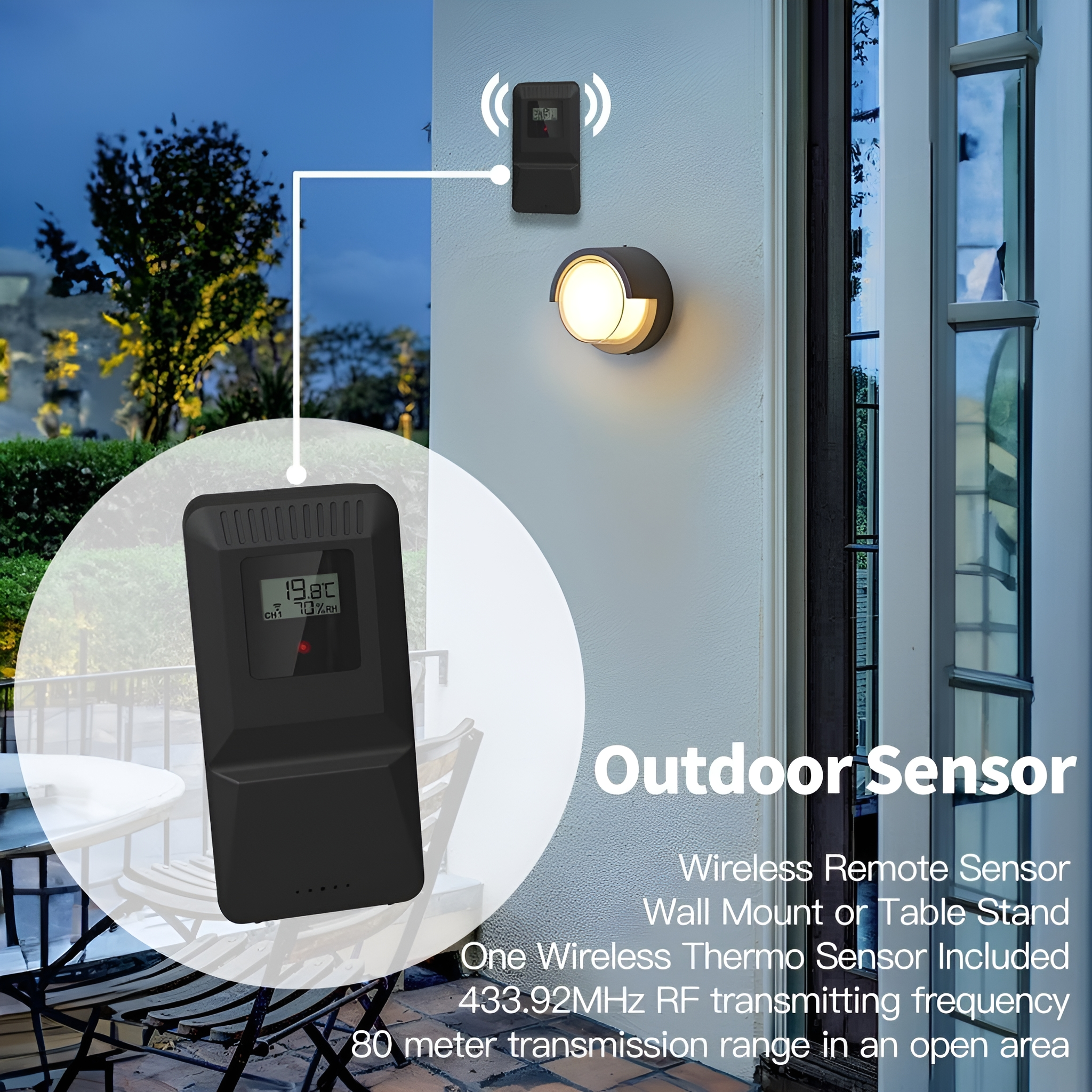 Außensensor und ein Licht an einer Wand. Text: Außensensor, Wireless Remote Sensor.