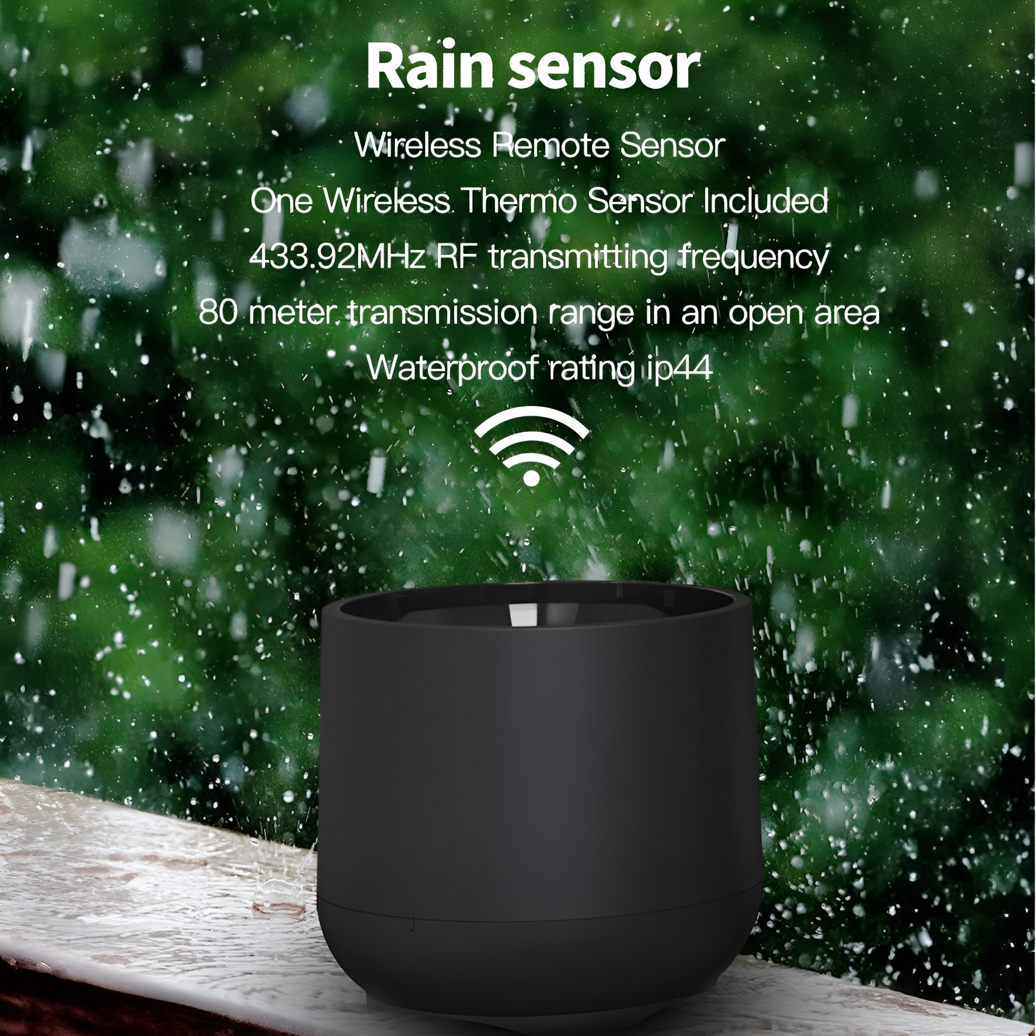 Schwarzer Regensensor in einem Garten. Zeigt das drahtlose Signal. Text über Funktionen und Spezifikationen.