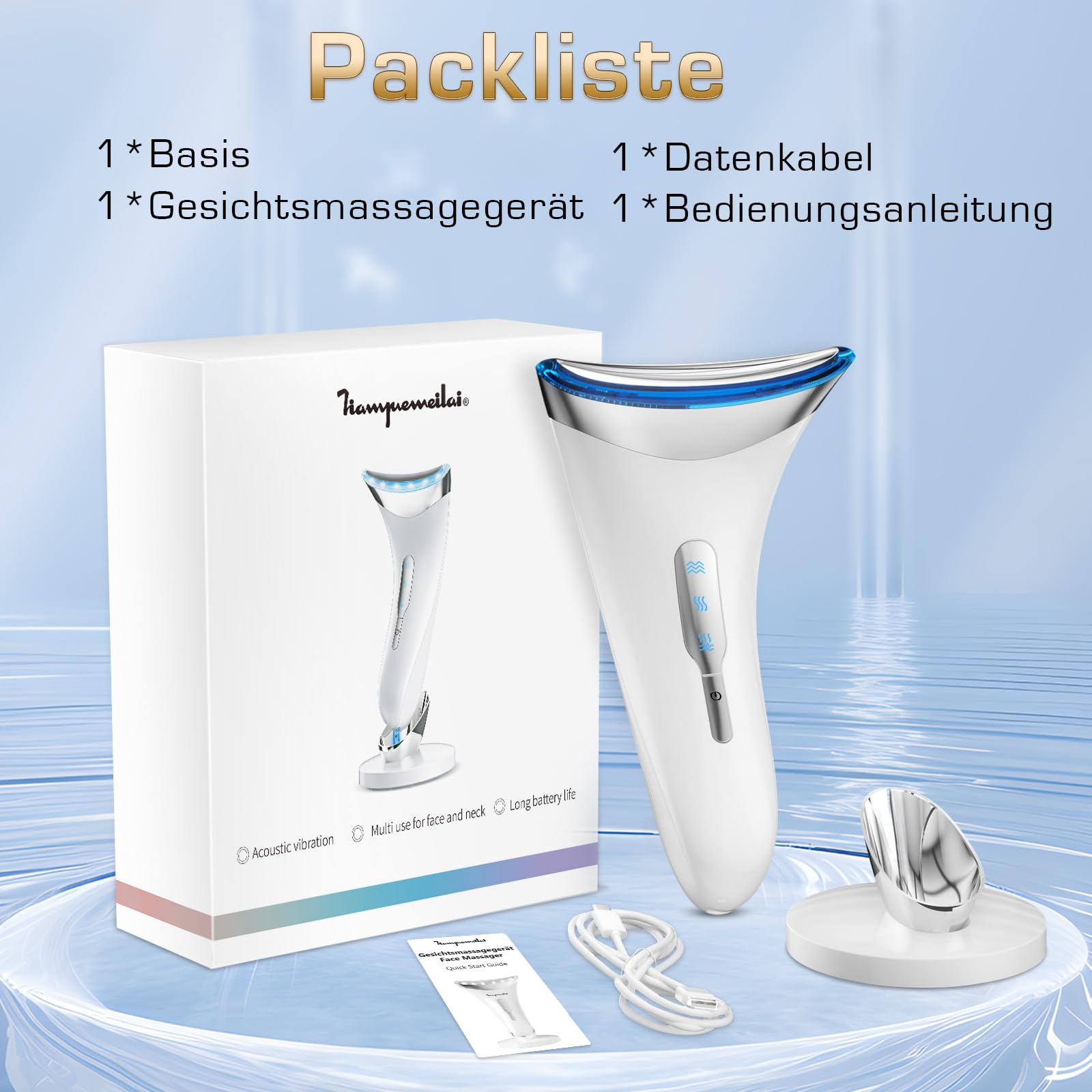 Ein weißes Gesichtsmassagegerät mit Box, Kabel und Anleitung. Der Text Packliste steht oben.