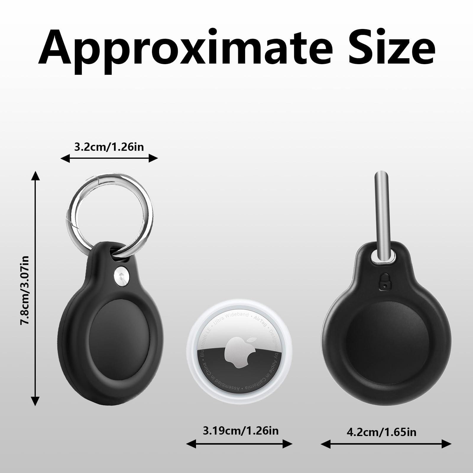 Zwei schwarze AirTags und ein Schlüsselanhänger. Abmessungen in cm/Zoll.