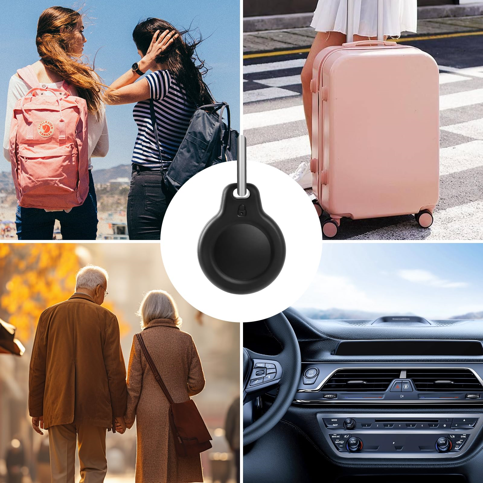 4 Fotos: Frauen mit Rucksack, Gepäck, älteres Paar hält Hände, Auto-Innenraum mit Armaturenbrett.
