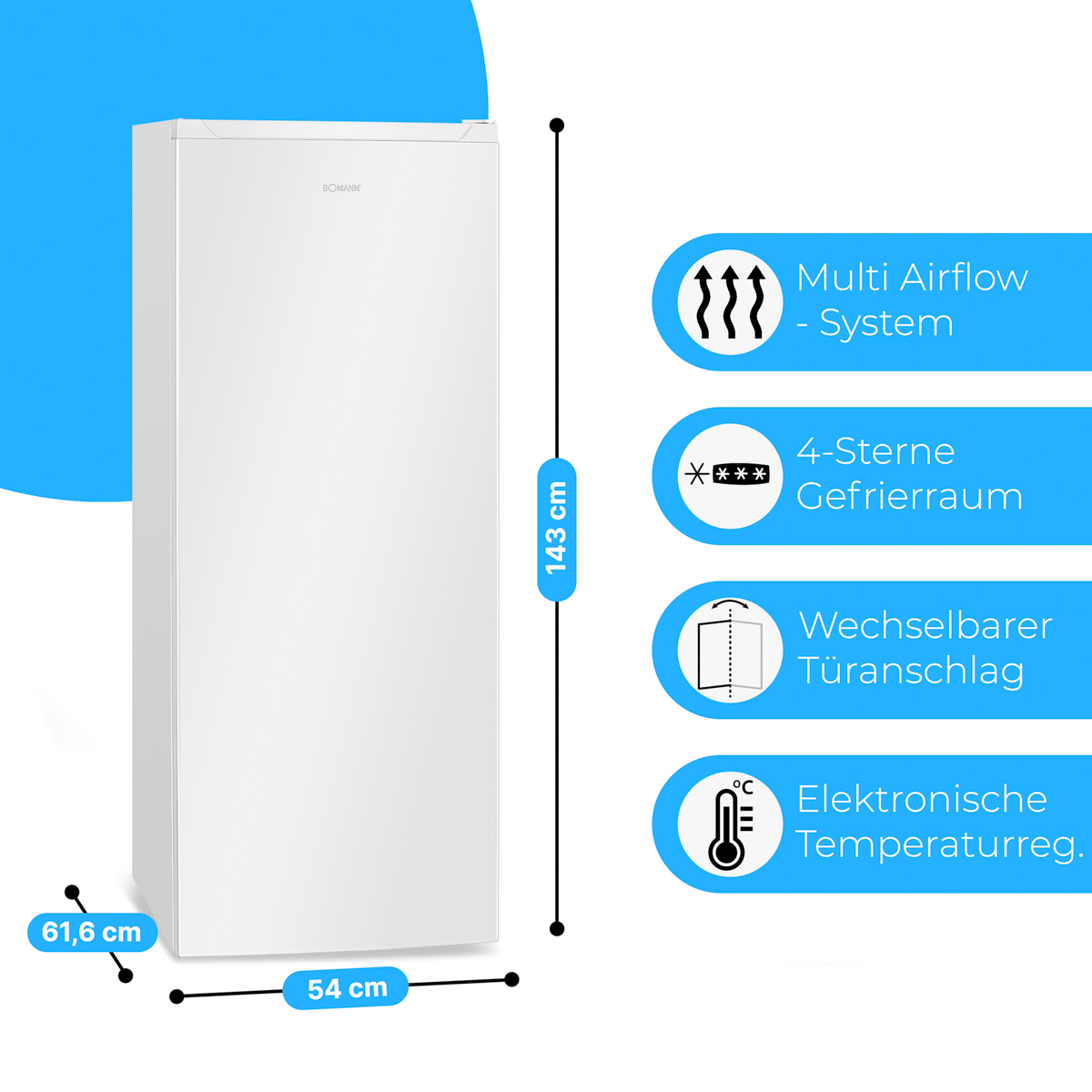 Weißer Kühlschrank. Textkennzeichnungen: Multi-Airflow, 4-Sterne-Gefrierfach, Tür.
