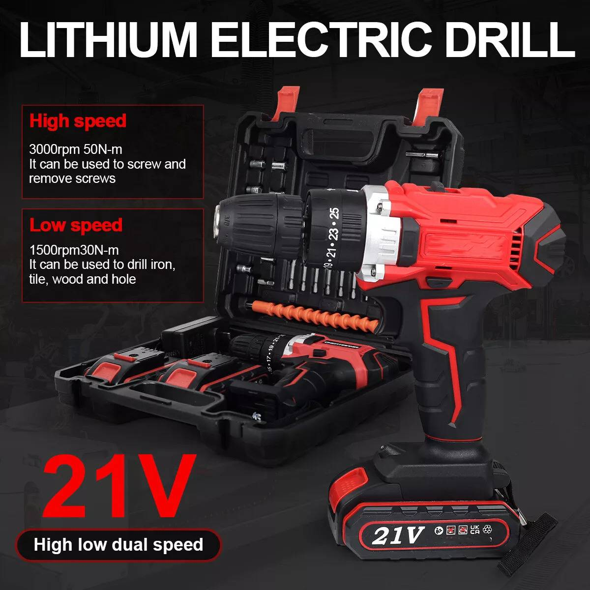 Rote und schwarze Lithium-Elektrobohrmaschine mit Akku und Koffer, mit Textbeschriftung.