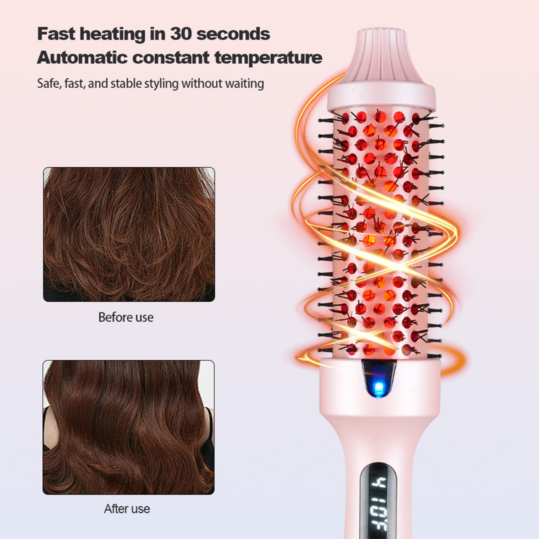 Rosa Haarstyler mit Vorher-/Nachher-Bildern der Haare. Text: Schnelles Aufheizen, automatische Temperatur, sicheres Styling.