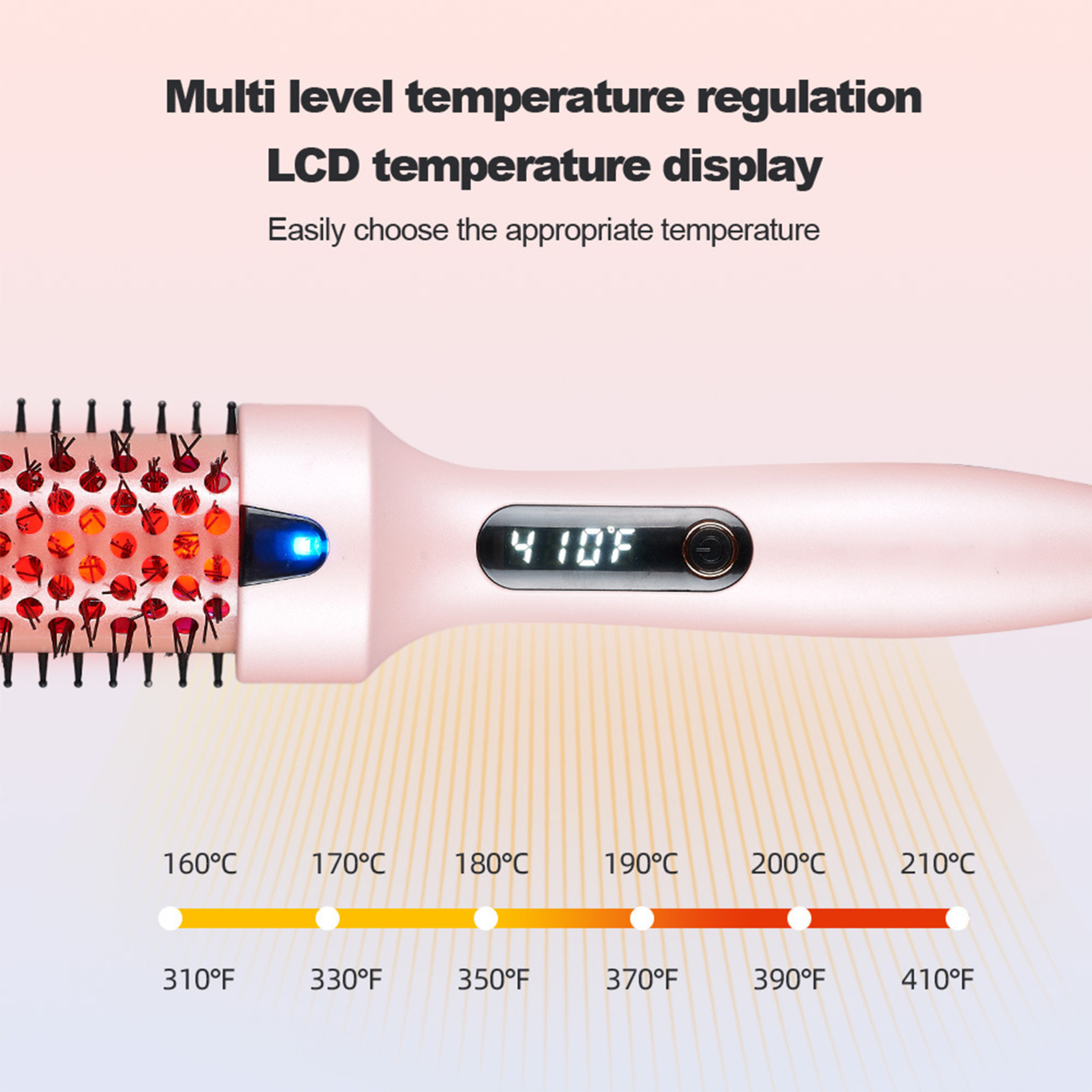 Pinker Lockenstab mit Temperaturanzeige, 410F. Temperaturmarkierungen in Celsius und Fahrenheit.