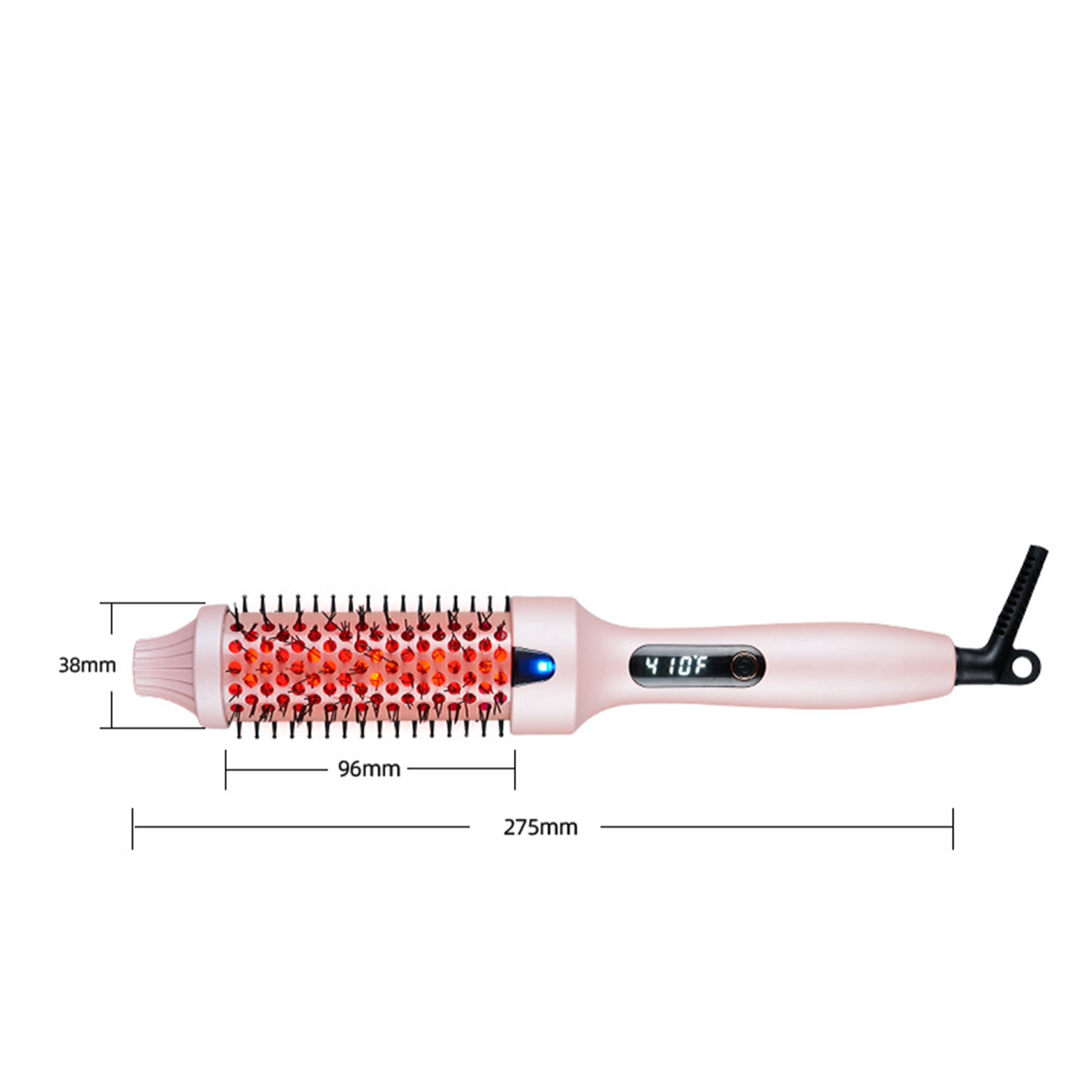 Eine rosa Haarbürste mit Abmessungen. Zeigt eine Temperatur von 410F an.