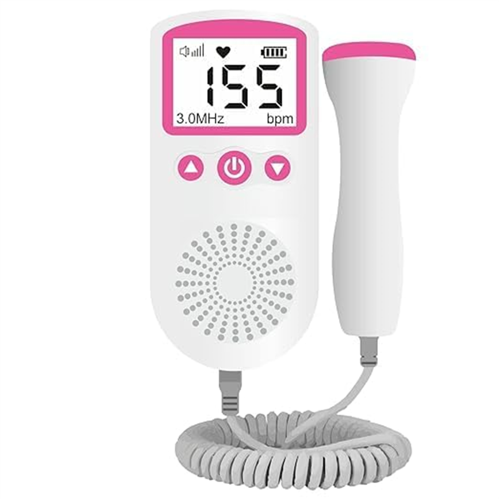 Weißes und rosa fetales Dopplergerät. Es hat ein Display, das bpm anzeigt, und eine Sonde rechts.