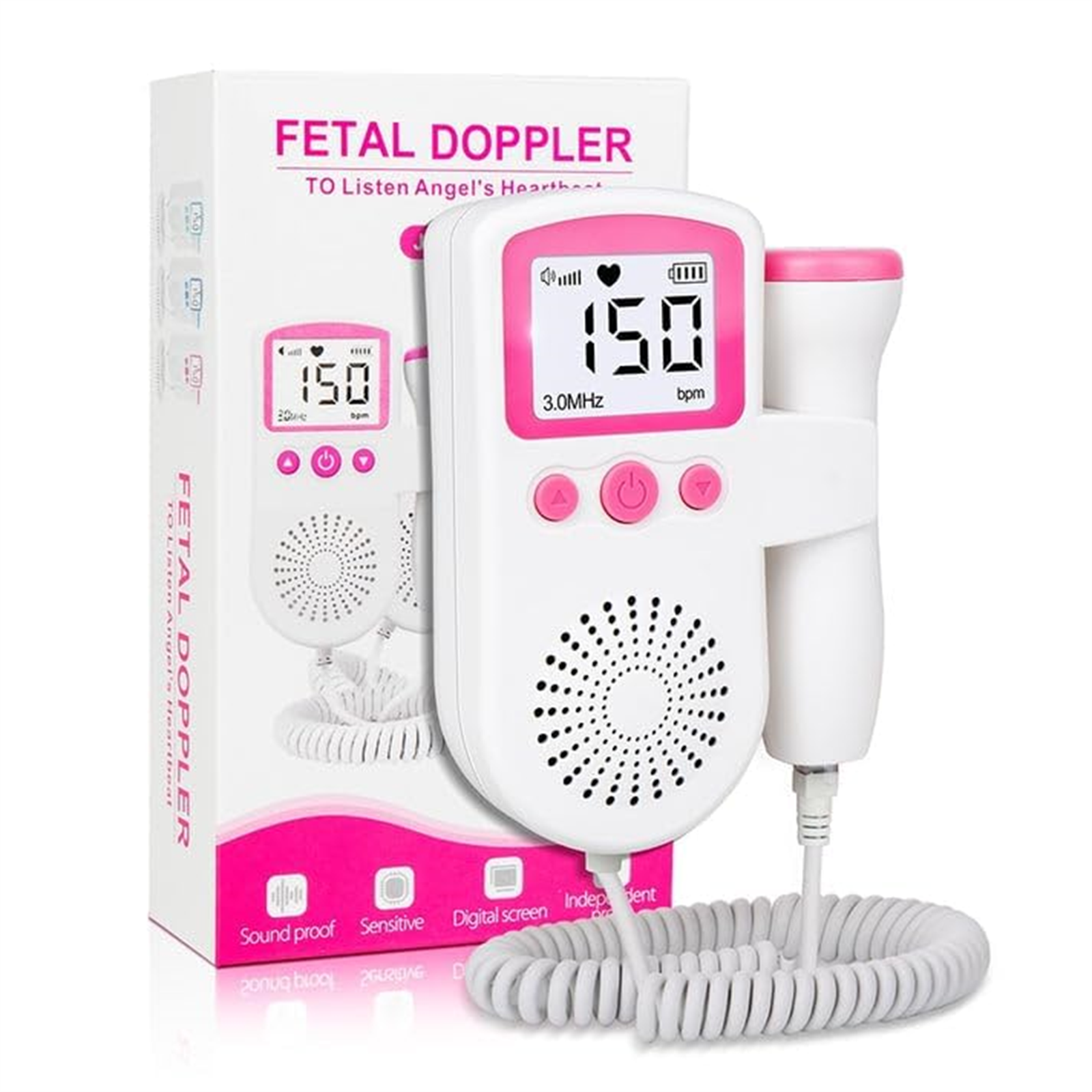 Fetal Doppler-Gerät mit Anzeige von 150 bpm. Hintergrund: weiß.