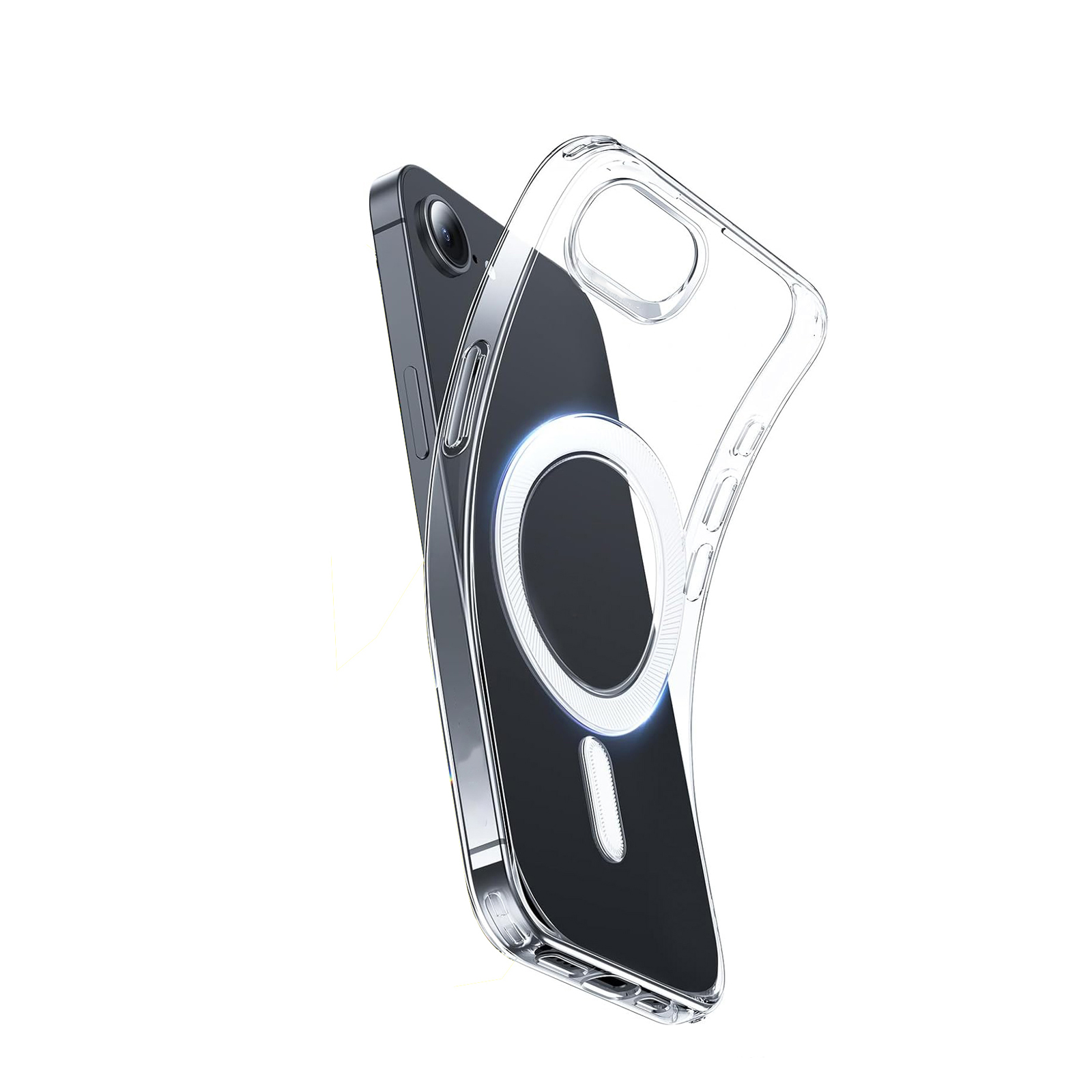 Transparente Handyhülle mit weißem Ring um die Kamera, an einem schwarzen Telefon befestigt.