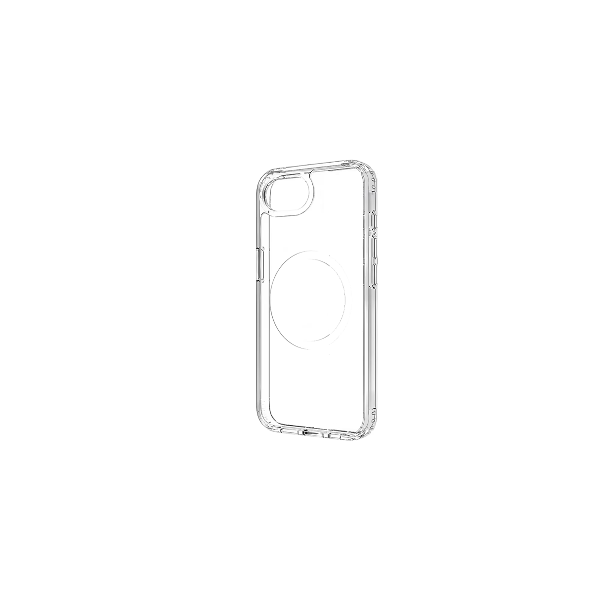Eine transparente Handyhülle. Die Hülle ist transparent mit einem kreisförmigen Magneten auf der Rückseite.