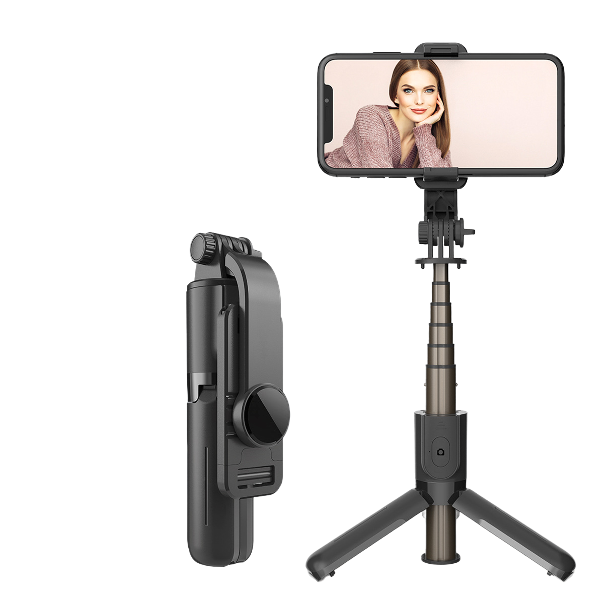 Ein Selfie-Stick mit Telefon, isoliert auf weißem Hintergrund.