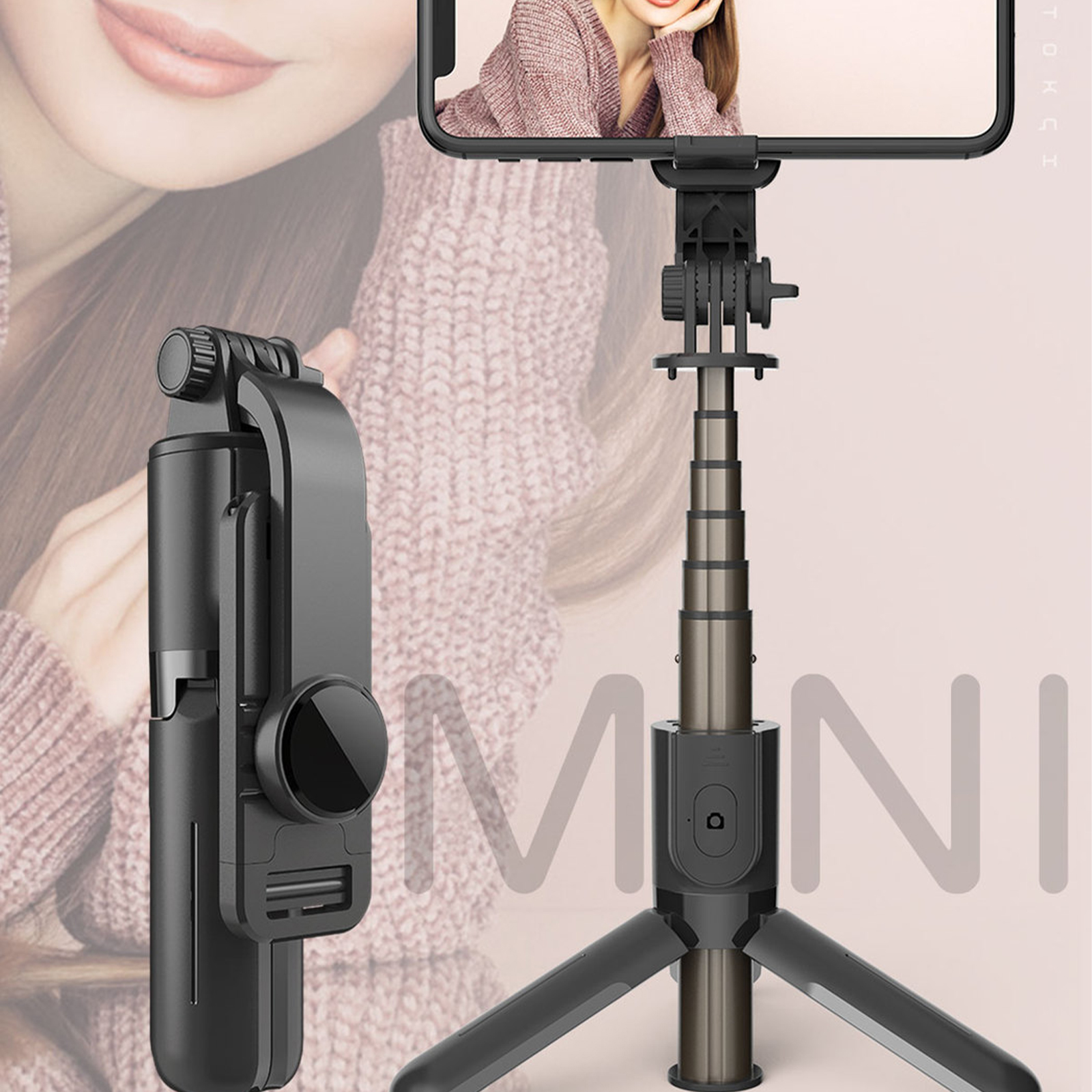 Schwarzer Selfie-Stick mit Telefon, Stativbeine ausgeklappt, Mini-Label.