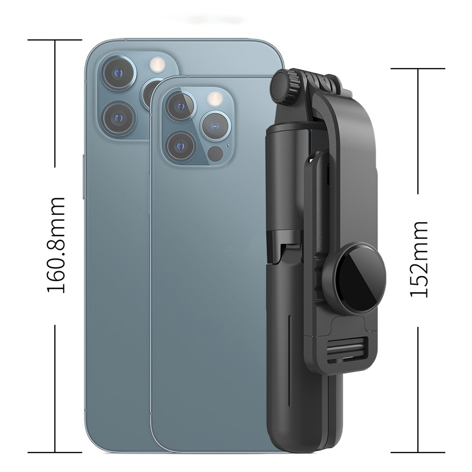 Zwei Telefone und ein Selfie-Stick. Abmessungen werden angezeigt. Text: 160,8 mm, 152 mm.