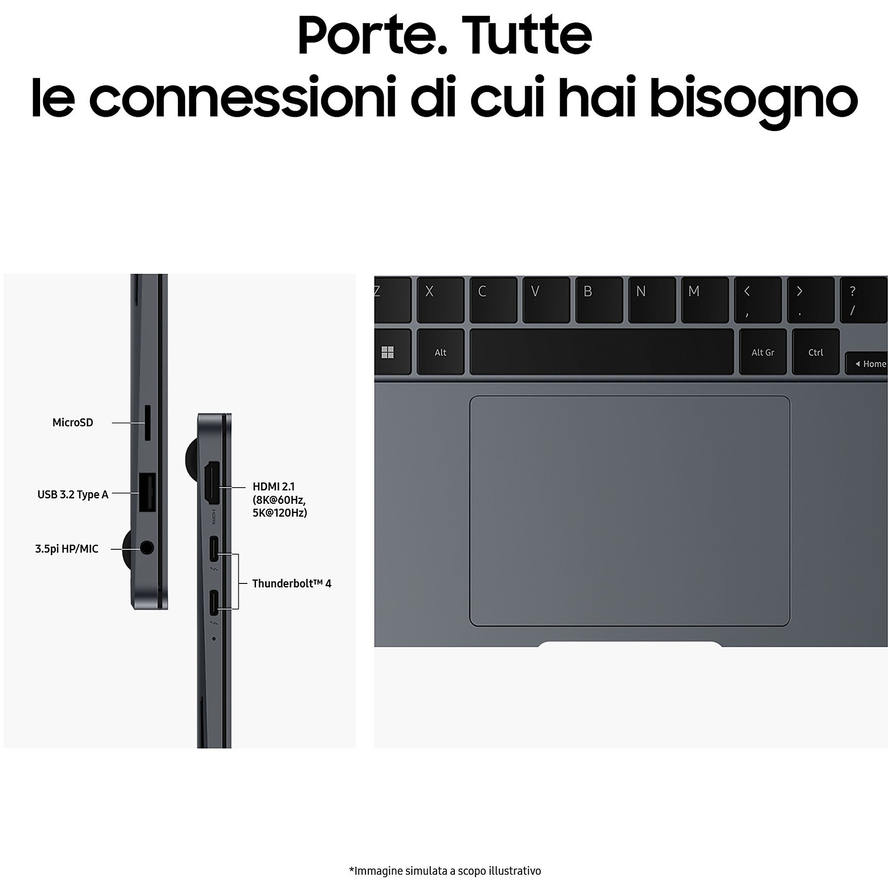 Vista ravvicinata di un laptop che mostra porte e tastiera su una superficie grigio scuro.