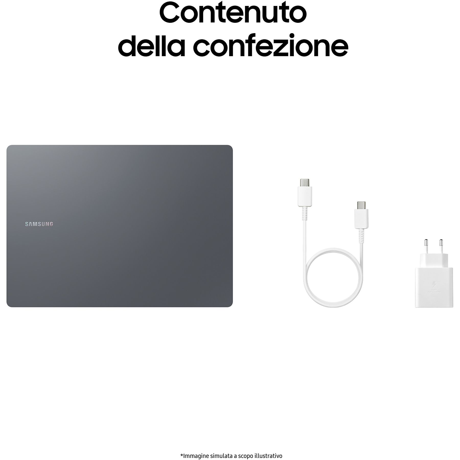 Vista dall'alto di un tablet, cavo USB-C e caricabatterie. Il testo recita 'Contenuto della confezione'.