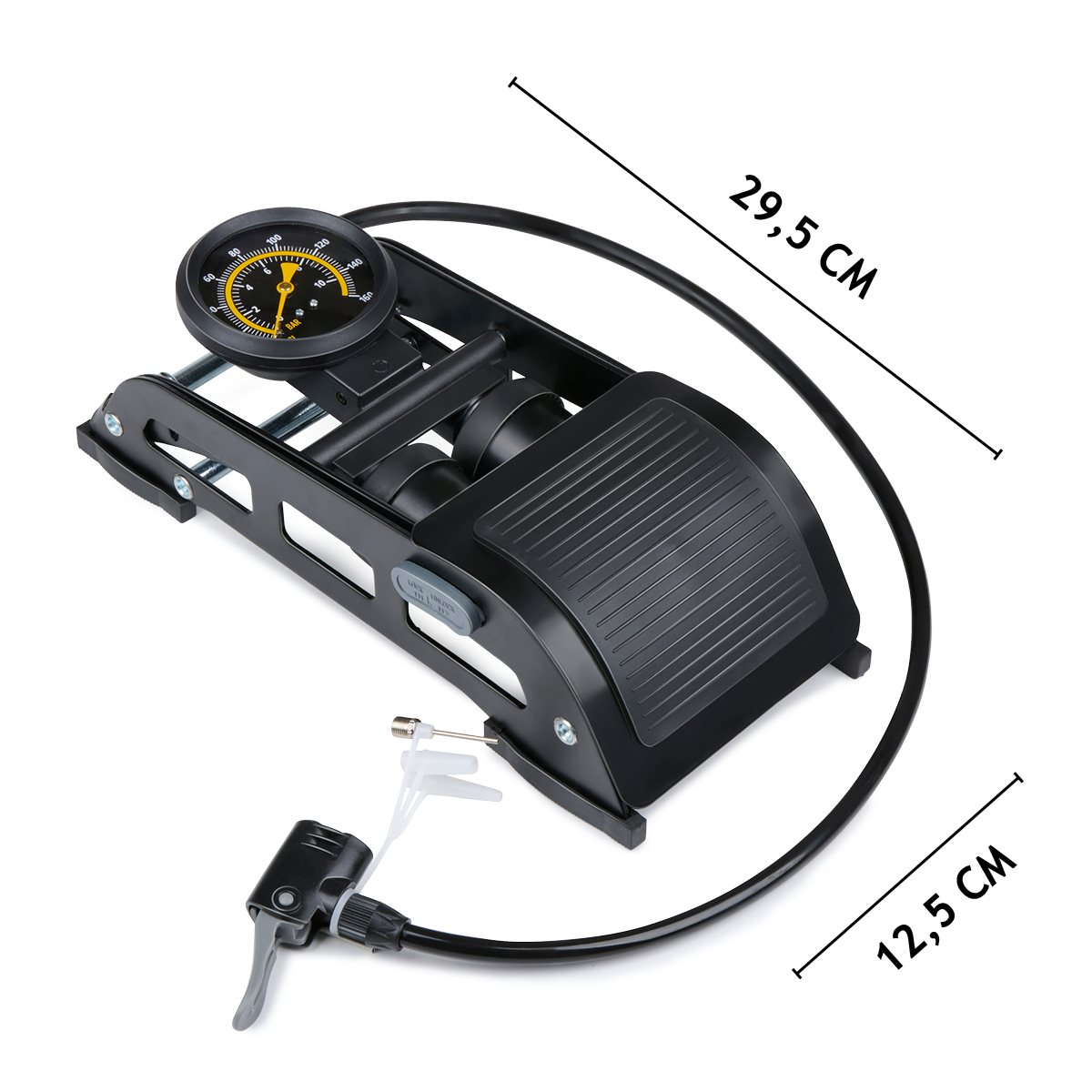 Black foot pump with gauge, hose, and dimensions, isolated on white.