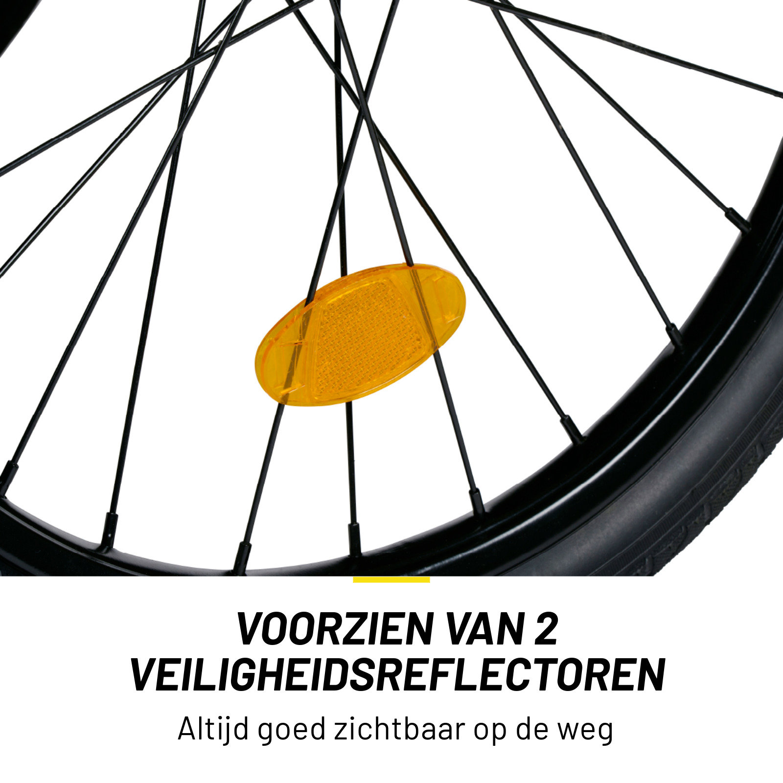 A close-up shows a yellow reflector on a bicycle wheel with black spokes against a white background.