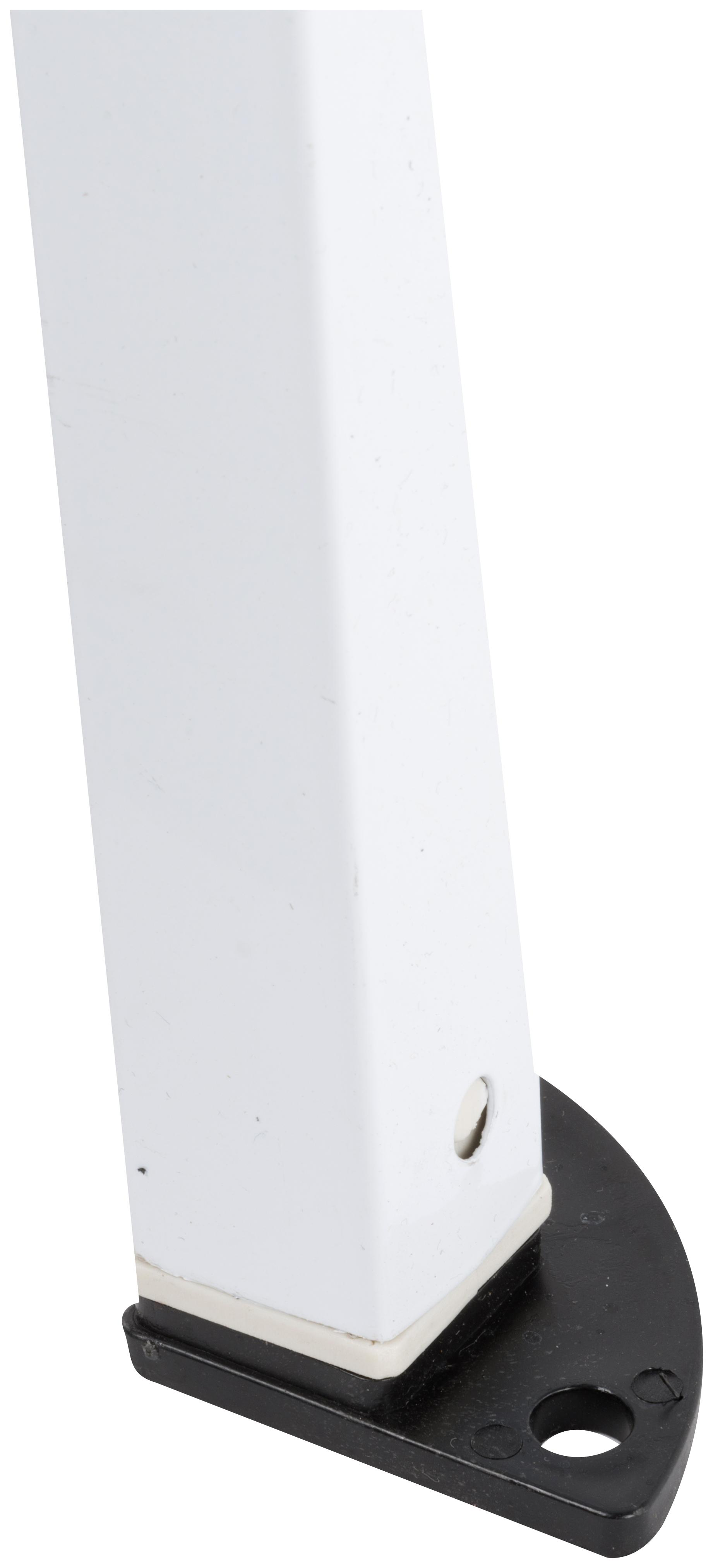 Close-up van een witte, rechthoekige metalen poot met zwarte basis.