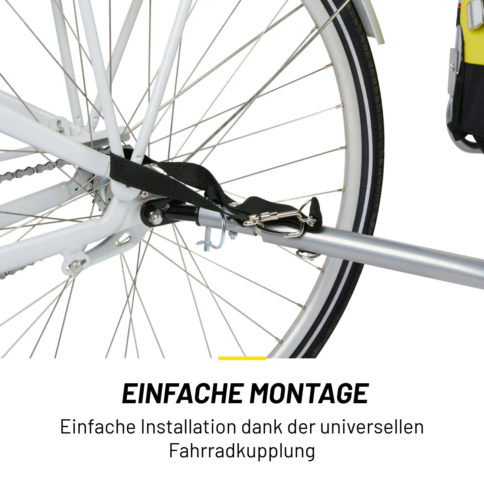 Bike trailer hitch connected to bike. Text: SIMPLE MOUNTING, easy installation.