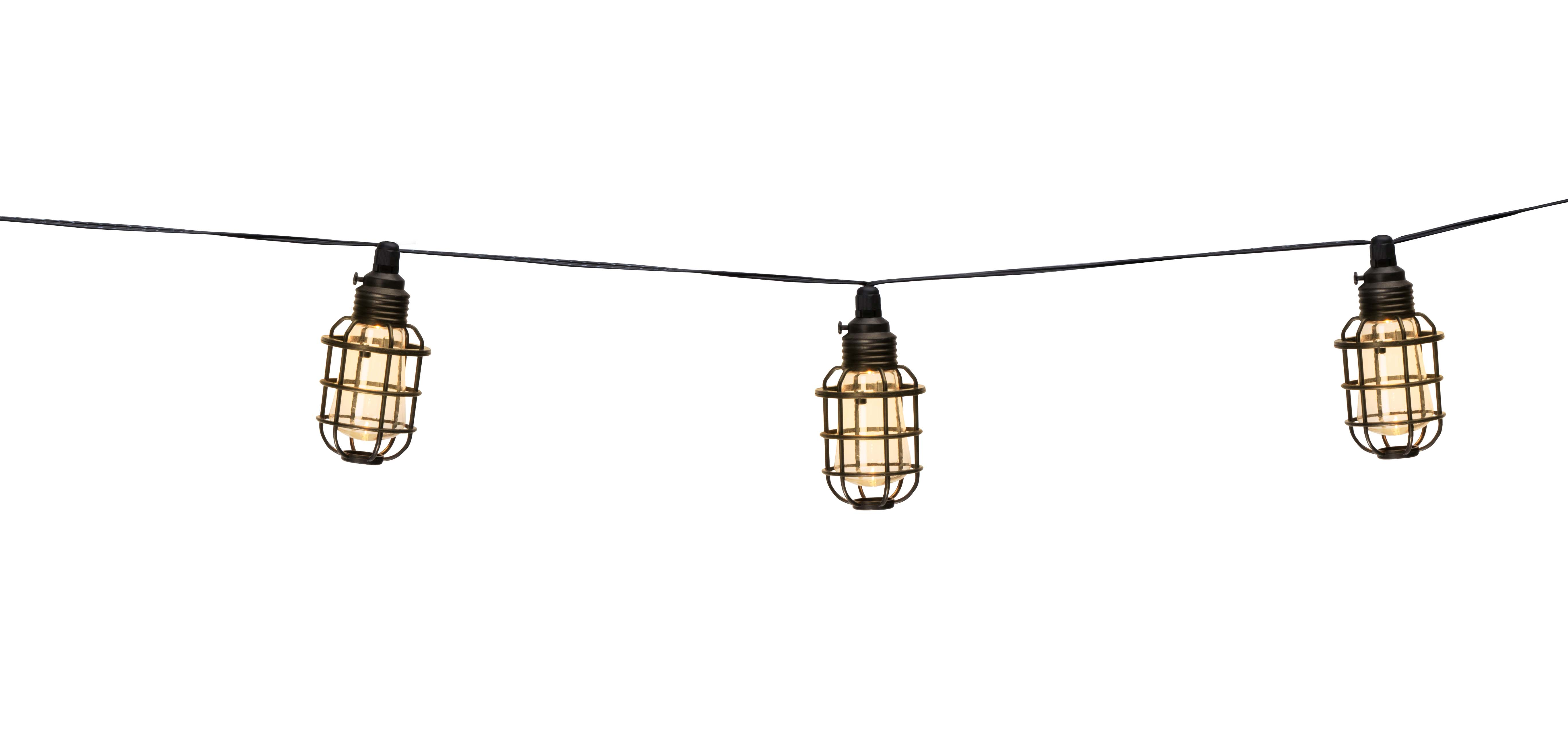 Drie lichtsnoeren in vintage stijl met metalen kooien rond de gloeilampen, tegen een witte achtergrond.