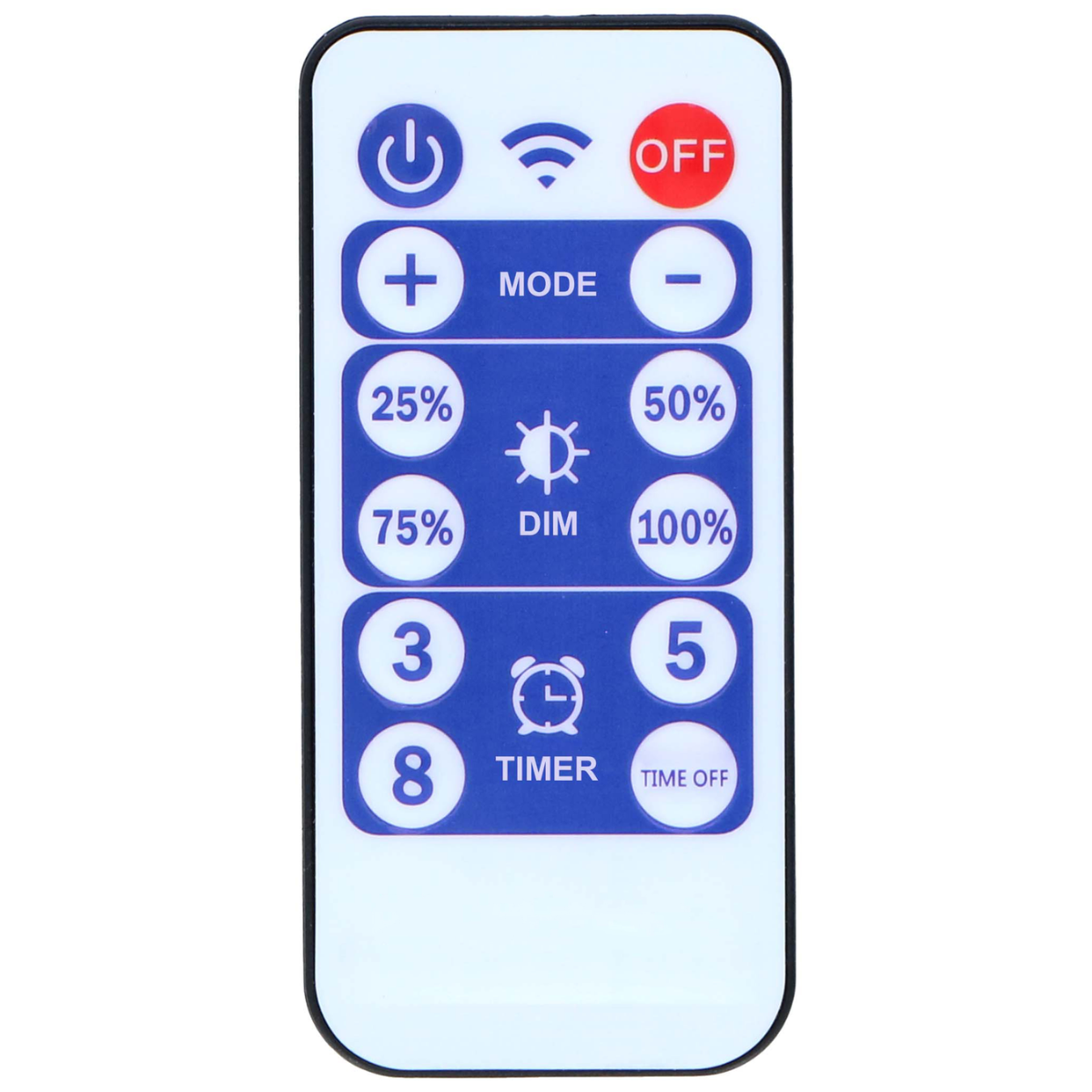 Afstandsbediening. Knoppen: aan/uit, wifi, volume, modus, dimmen, timer en percentages.