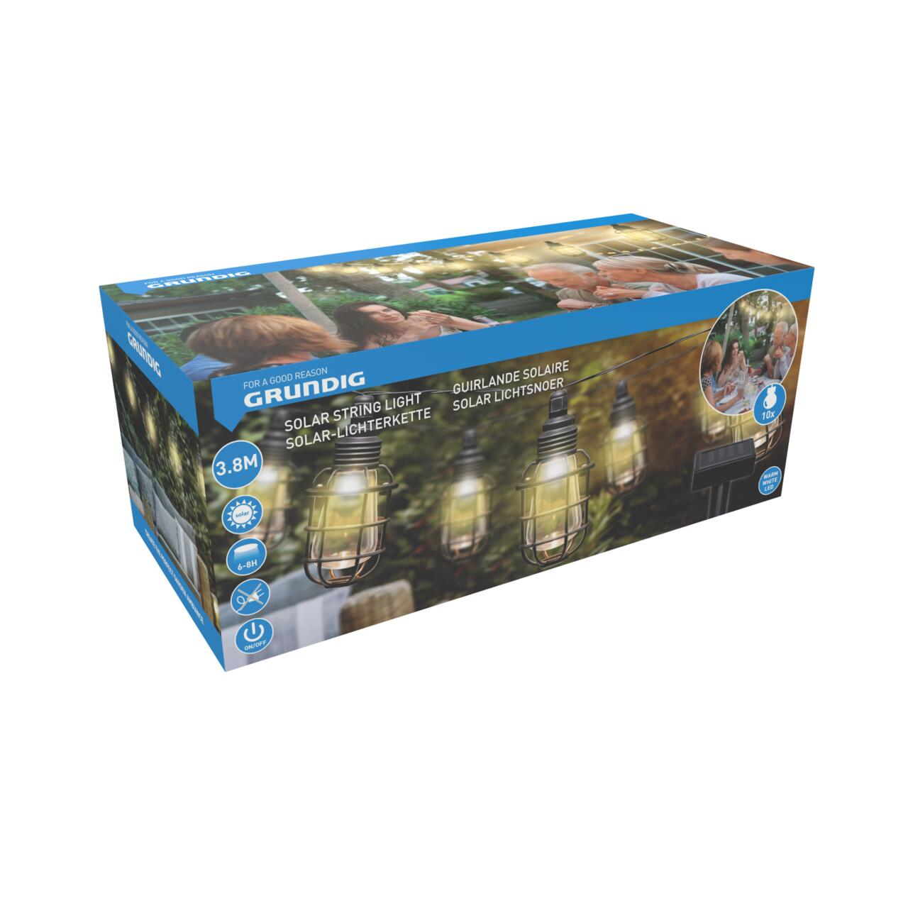 Een productdoos voor solar lichtslingers. De doos heeft een foto van lampjes en een foto van mensen.