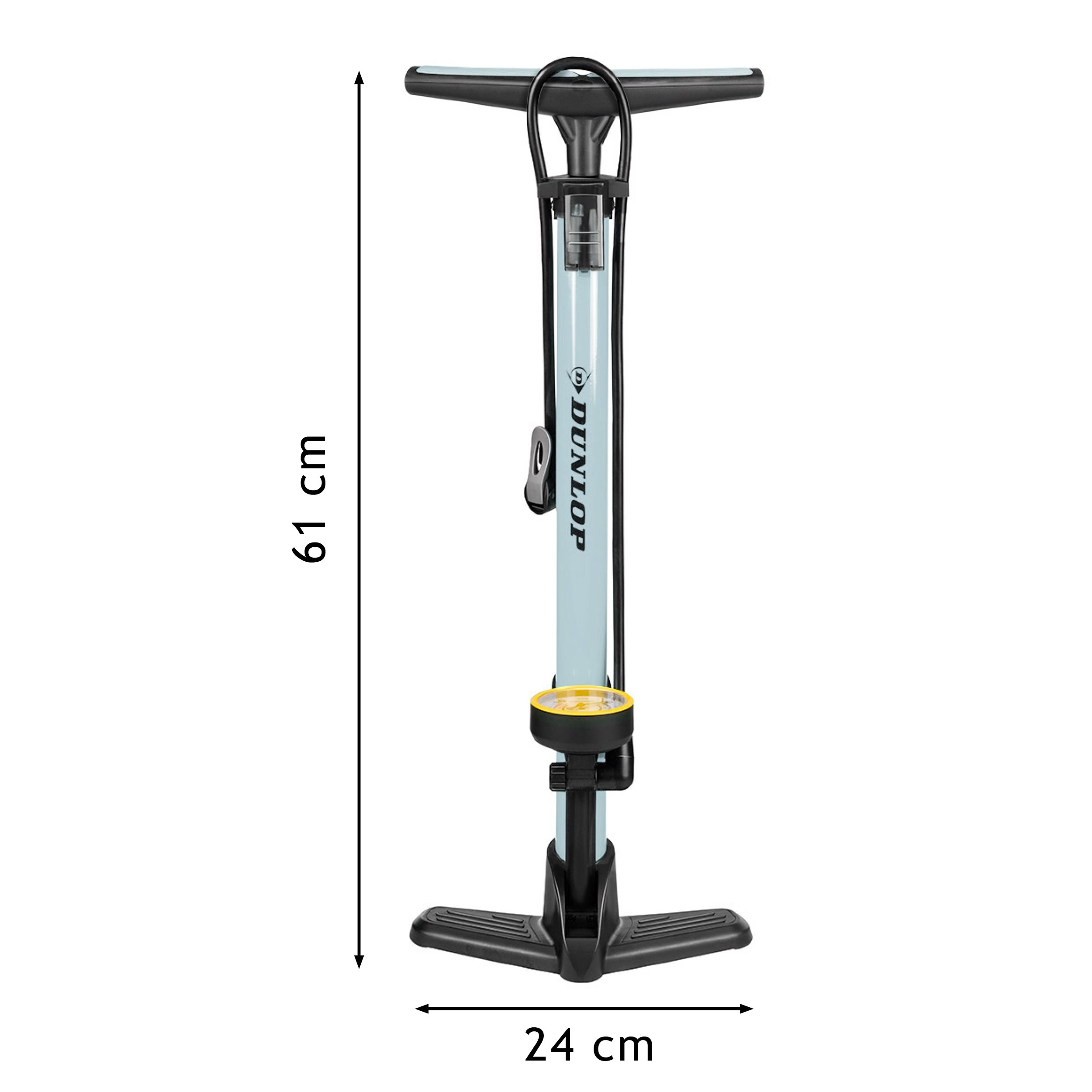 The image shows a bicycle pump, measuring 61cm in height and 24cm in width.