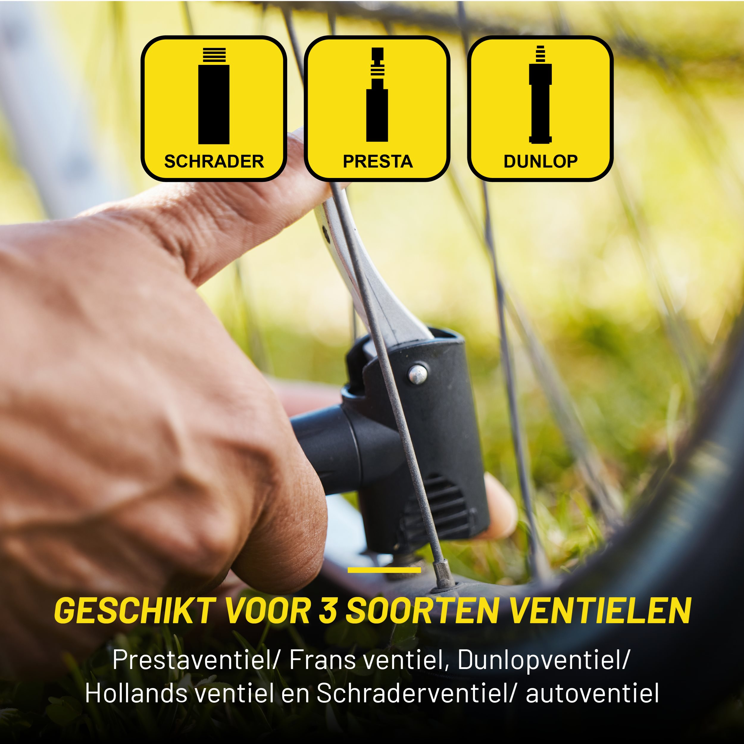 A person inflating a bicycle tire. Three valve types are shown: Schrader, Presta, and Dunlop.